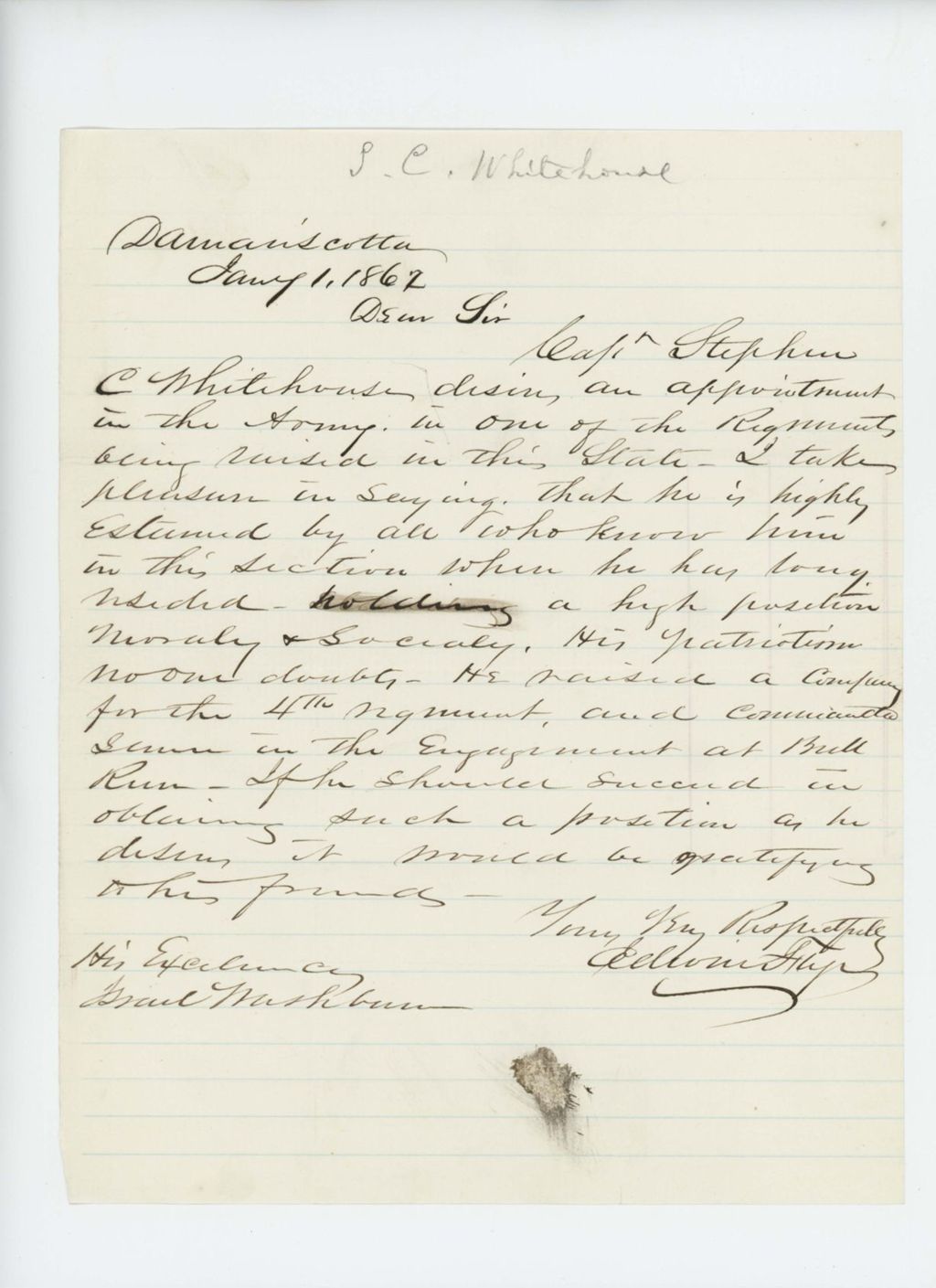 Miniature of Edwin Flye recommends Captain Whitehouse for commission