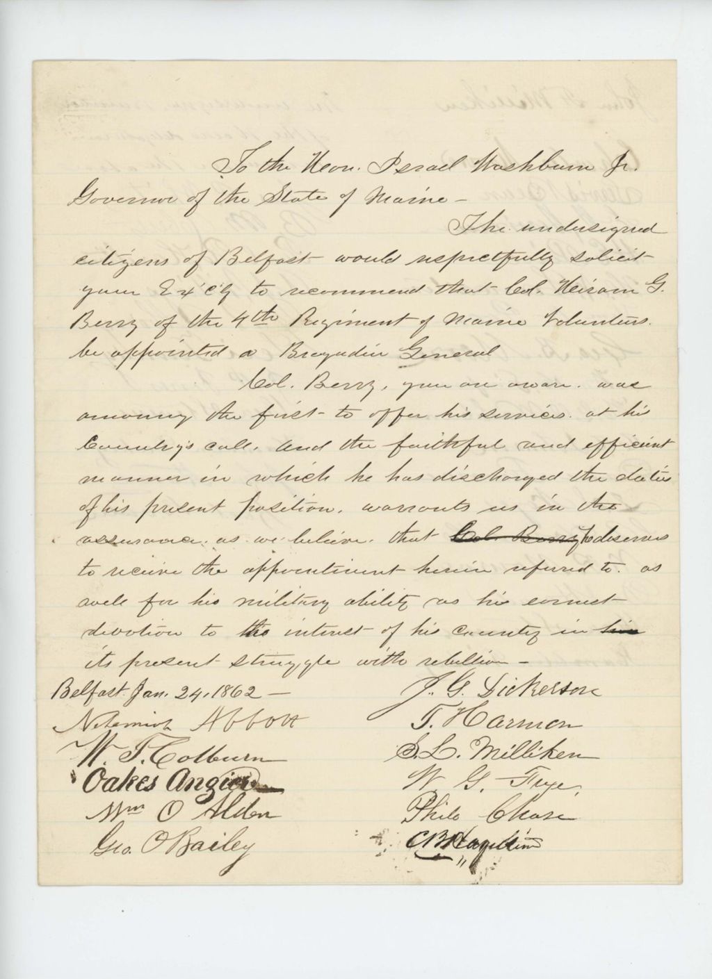 Miniature of Nehemiah Abbott and citizens of Belfast recommend Colonel Berry for promotion to Brigadier General