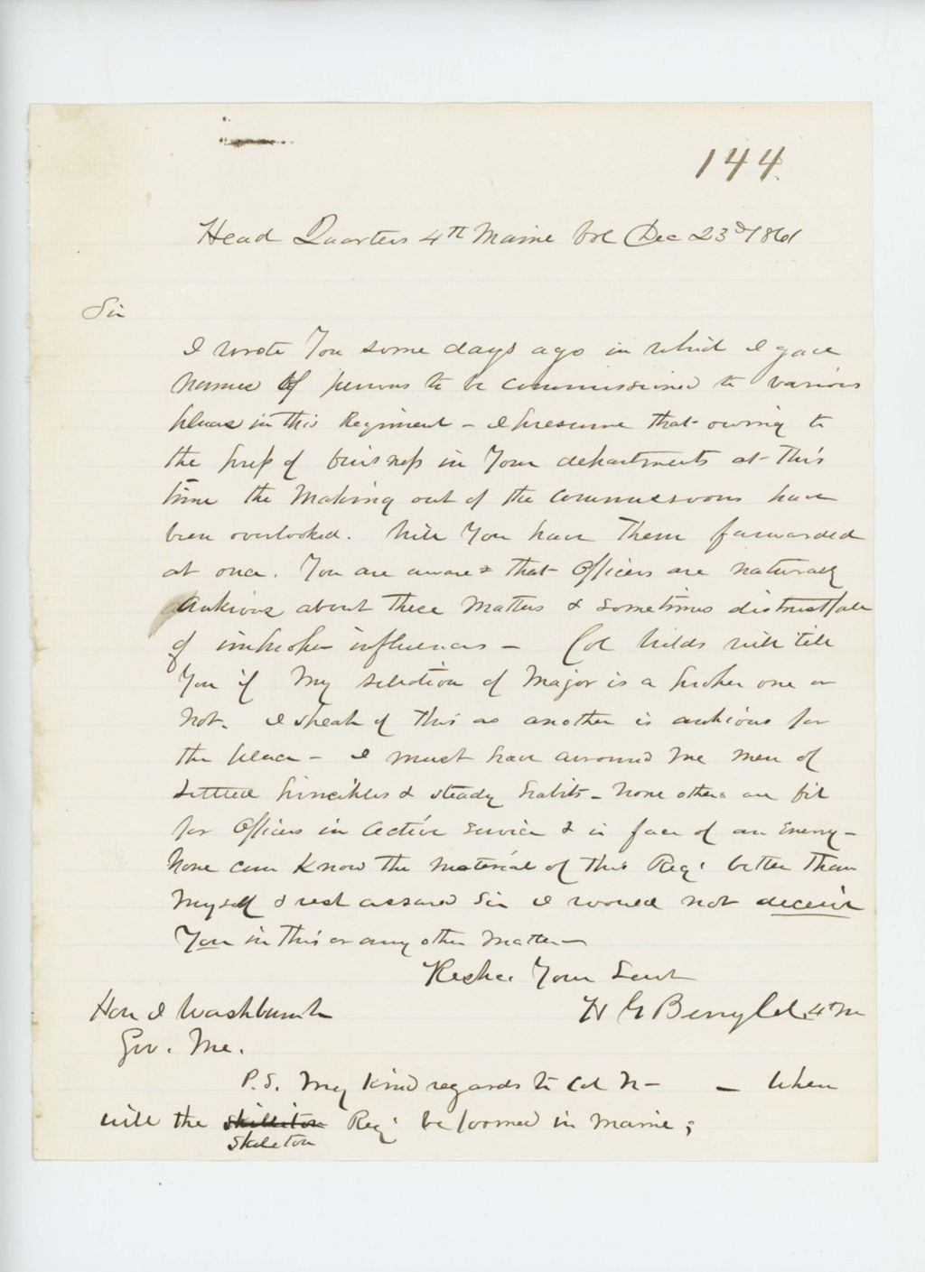 Miniature of Colonel Berry requests decision from the Governor on his recommendations for promotion