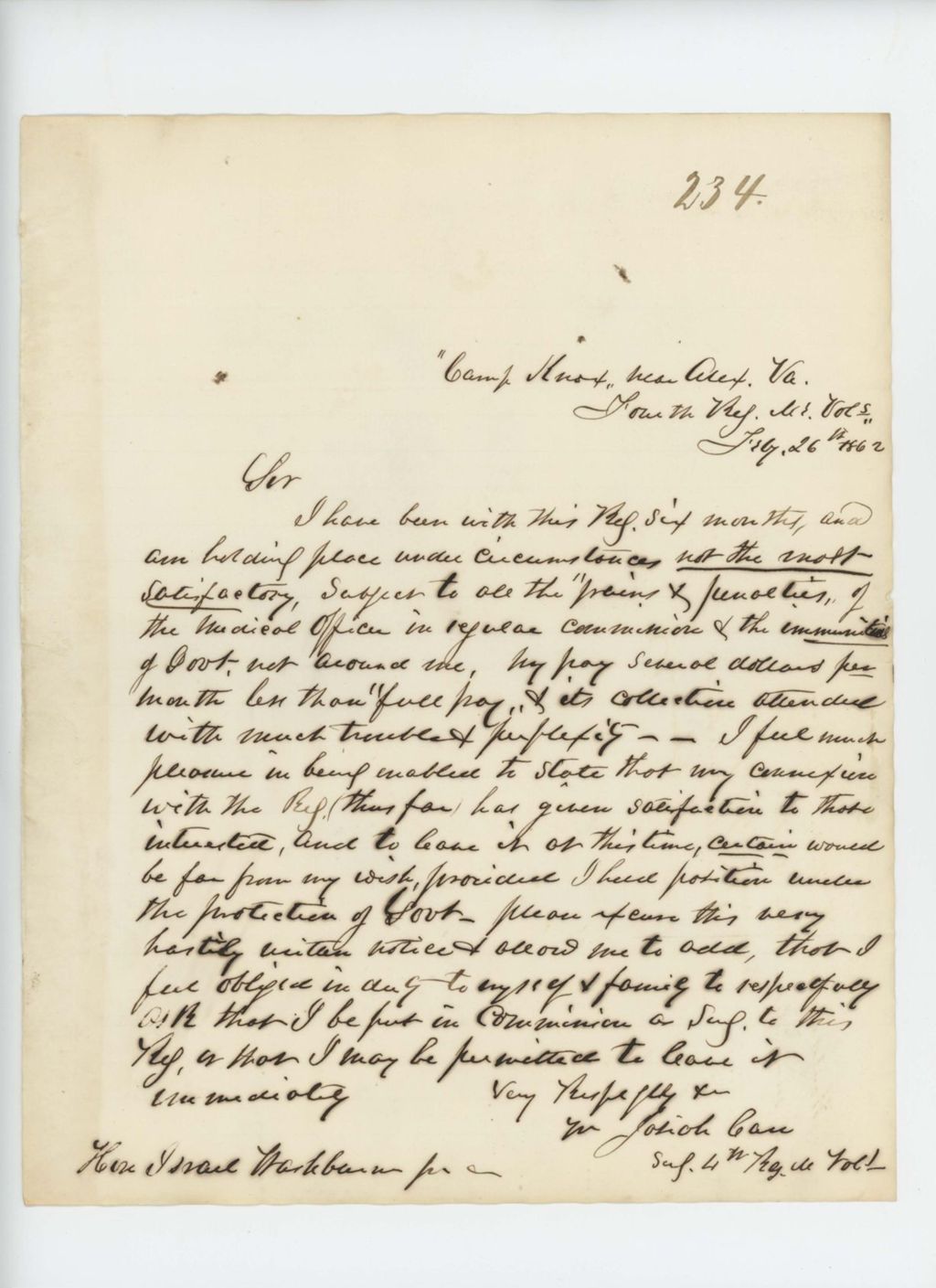 Miniature of Josiah Carr requests a commission as full surgeon or permission to leave service