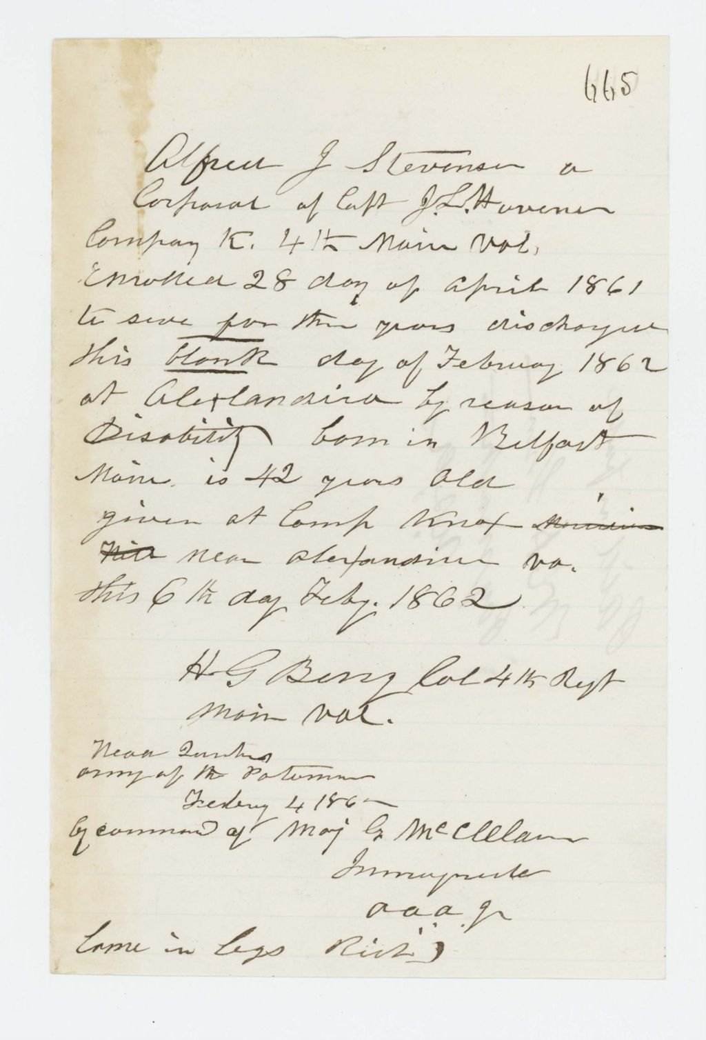 Miniature of Discharge of Corporal Alfred J. Stevenson for disability