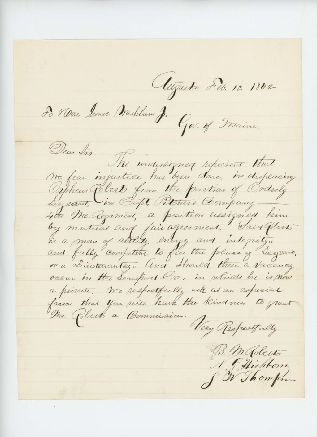 Miniature of B.M. Roberts, N. Hichborn, and J.W. Thompson request a commission for Orpheus Roberts