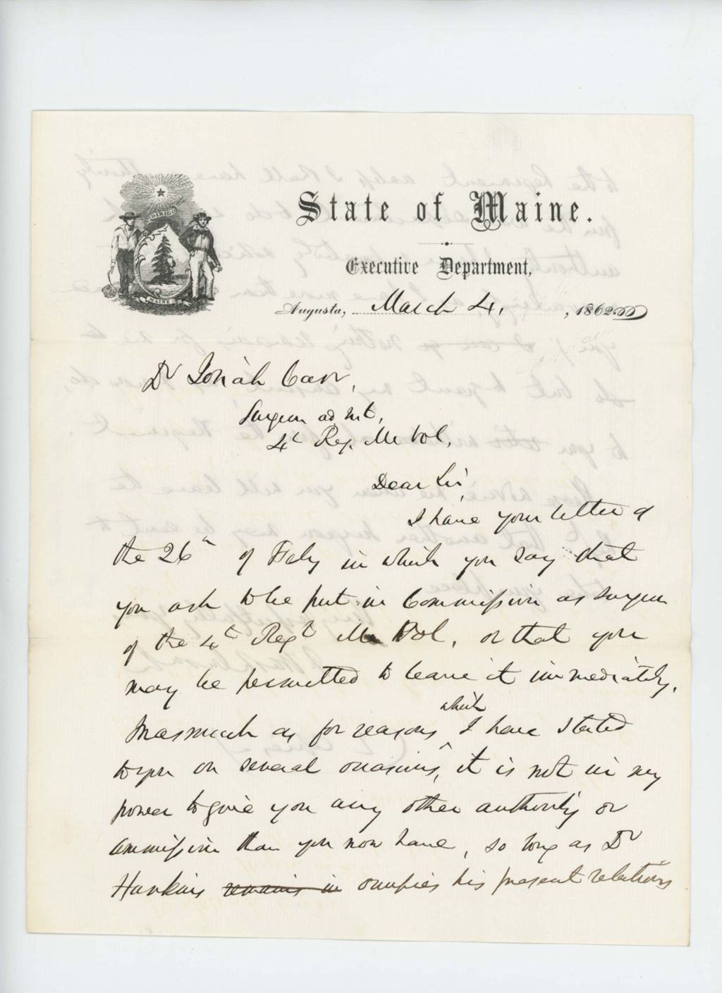 Miniature of Governor Washburn writes Dr. Carr regarding his request to obtain a commission or leave the service
