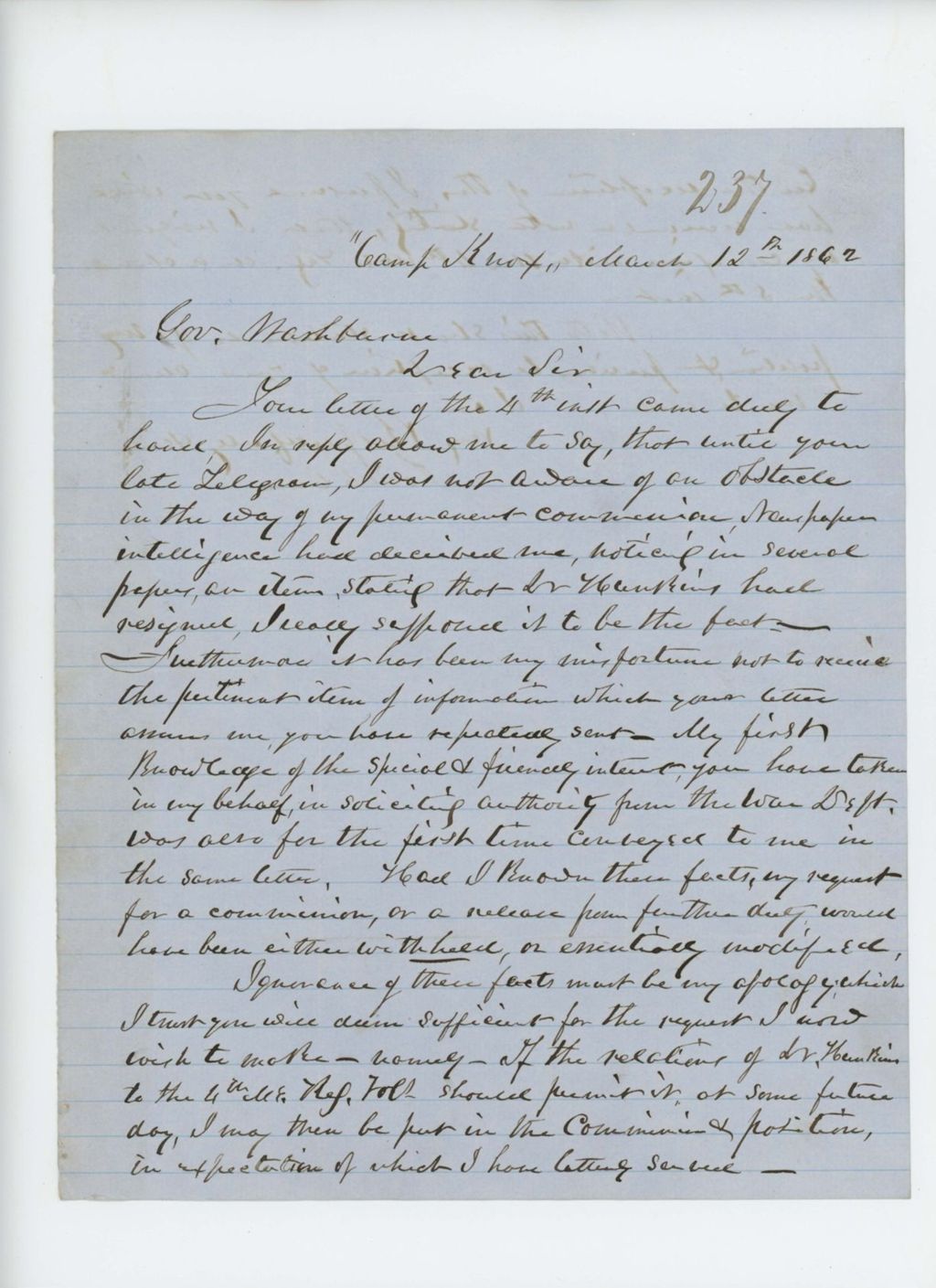 Miniature of Dr. Josiah Carr writes Governor Washburn regarding his resignation
