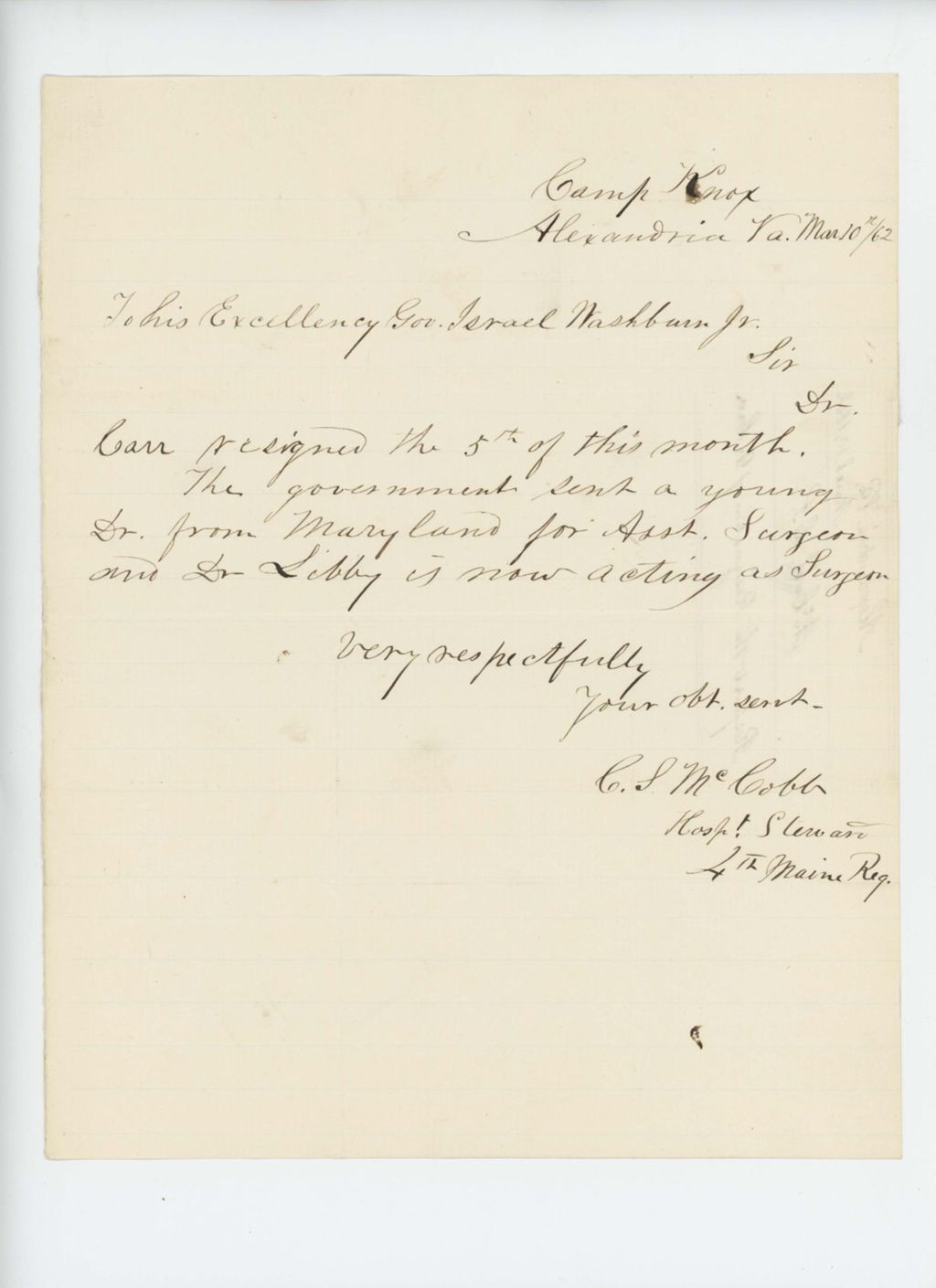 Miniature of Hospital Steward Charles S. McCobb reports the resignation of Dr. Carr and promotion of Dr. Libby to surgeon