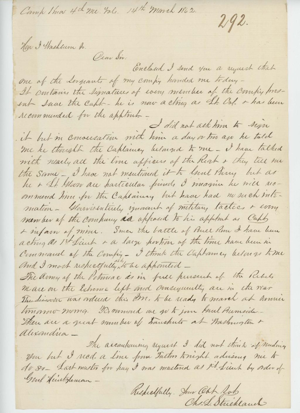 Miniature of Charles L. Strickland requests promotion to Captain instead of Harris
