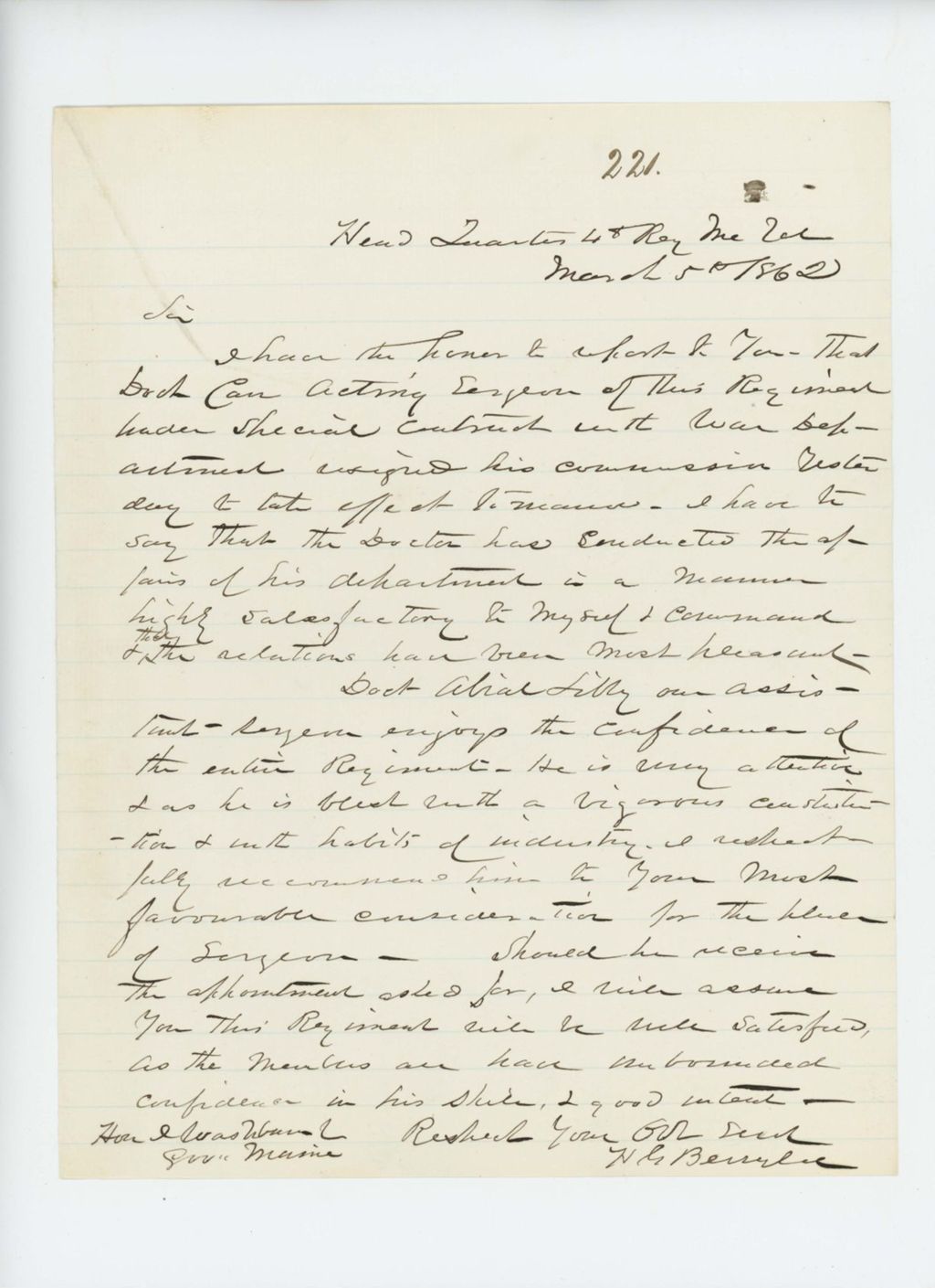 Miniature of Colonel Berry reports the resignation of Dr. Carr and the promotion of Dr. Abial Libby