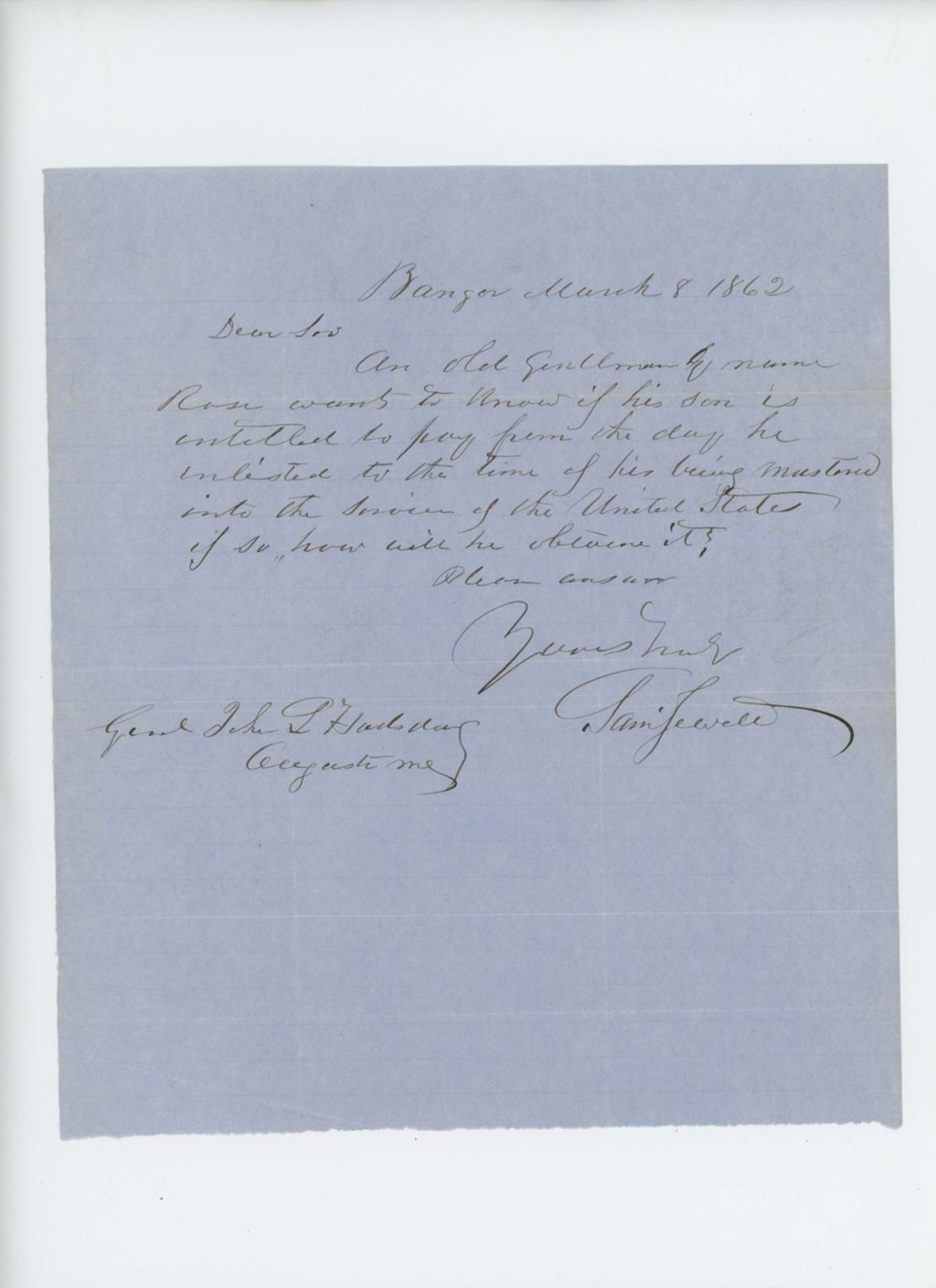 Miniature of Samuel Jewett [Jewell?] requests payment information on behalf of Mr. Rose
