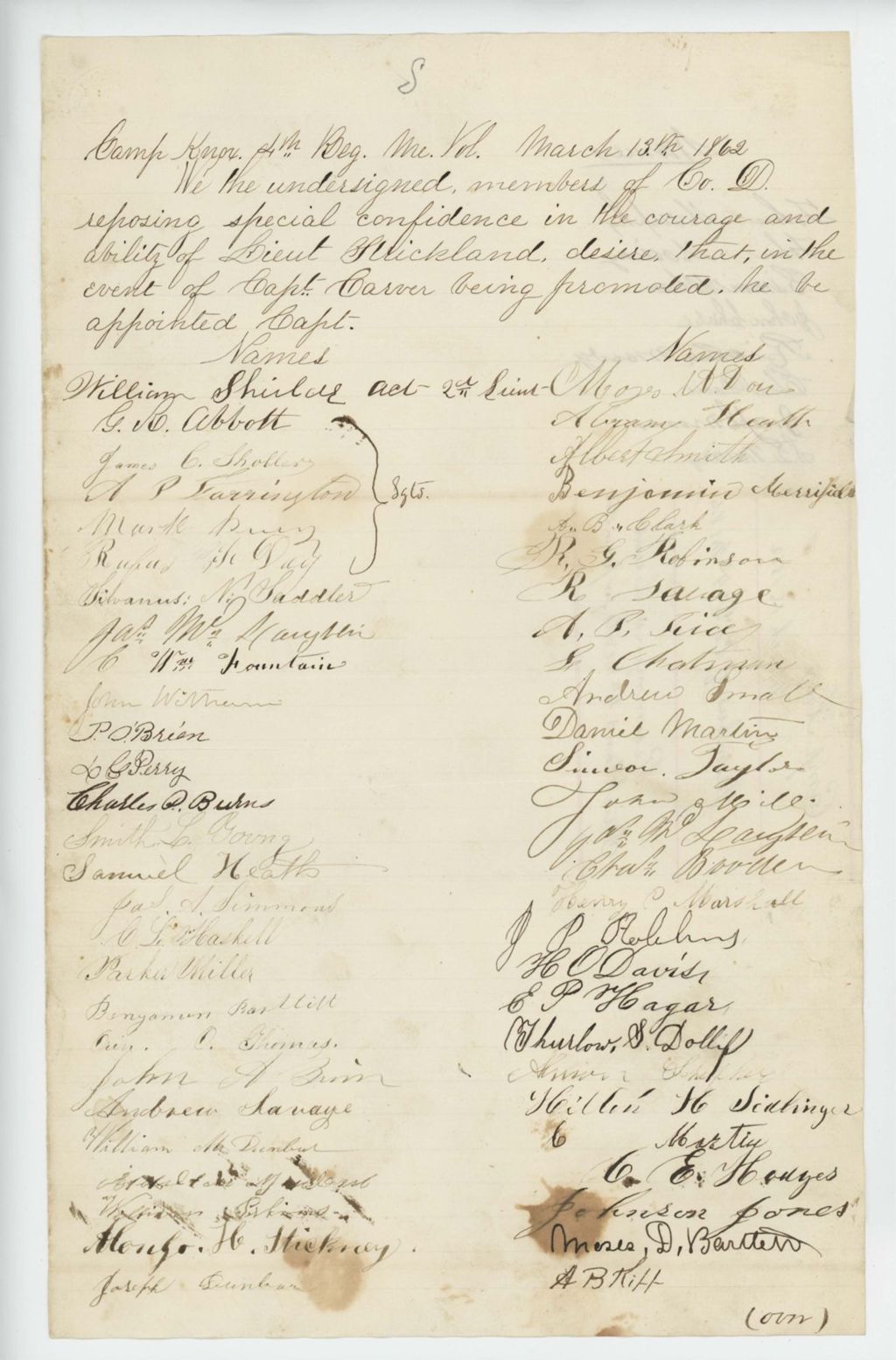 Miniature of Members of Company D request that Lieutenant Strickland be promoted to Captain