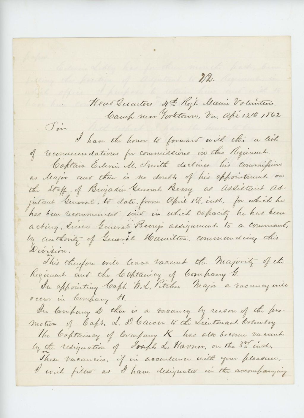 Miniature of Colonel Elijah Walker writes Governor Washburn with list of recommendations for promotions