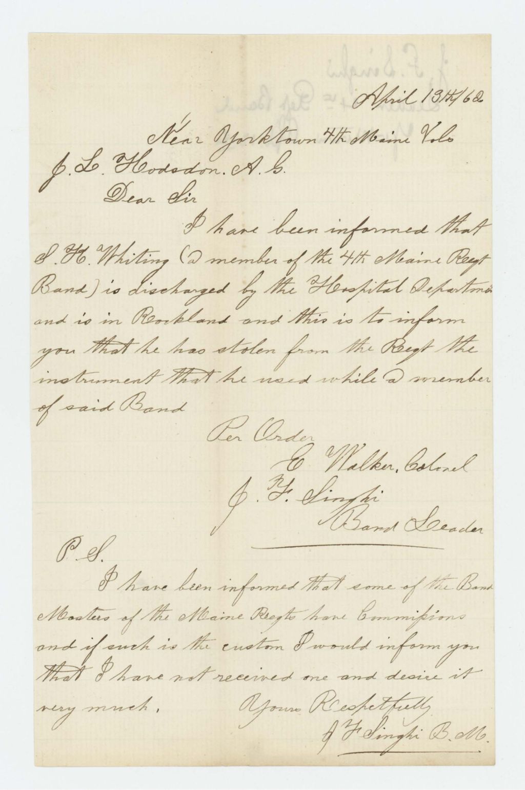 Miniature of John F. Singhi, band leader, reports that S. H. Whiting has been discharged and has stolen his instrument