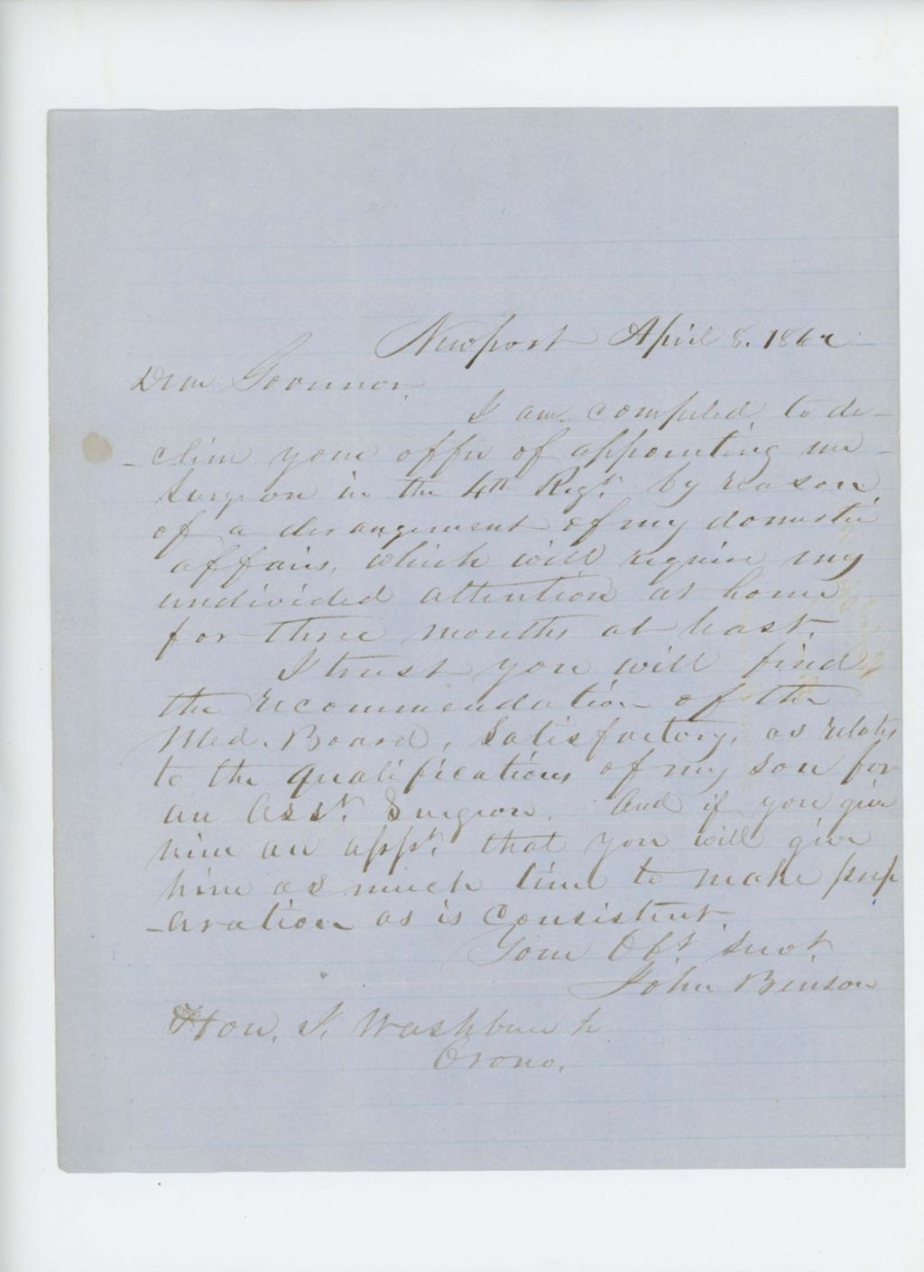 Miniature of Dr. John Benson declines appointment as surgeon due to difficulties at home