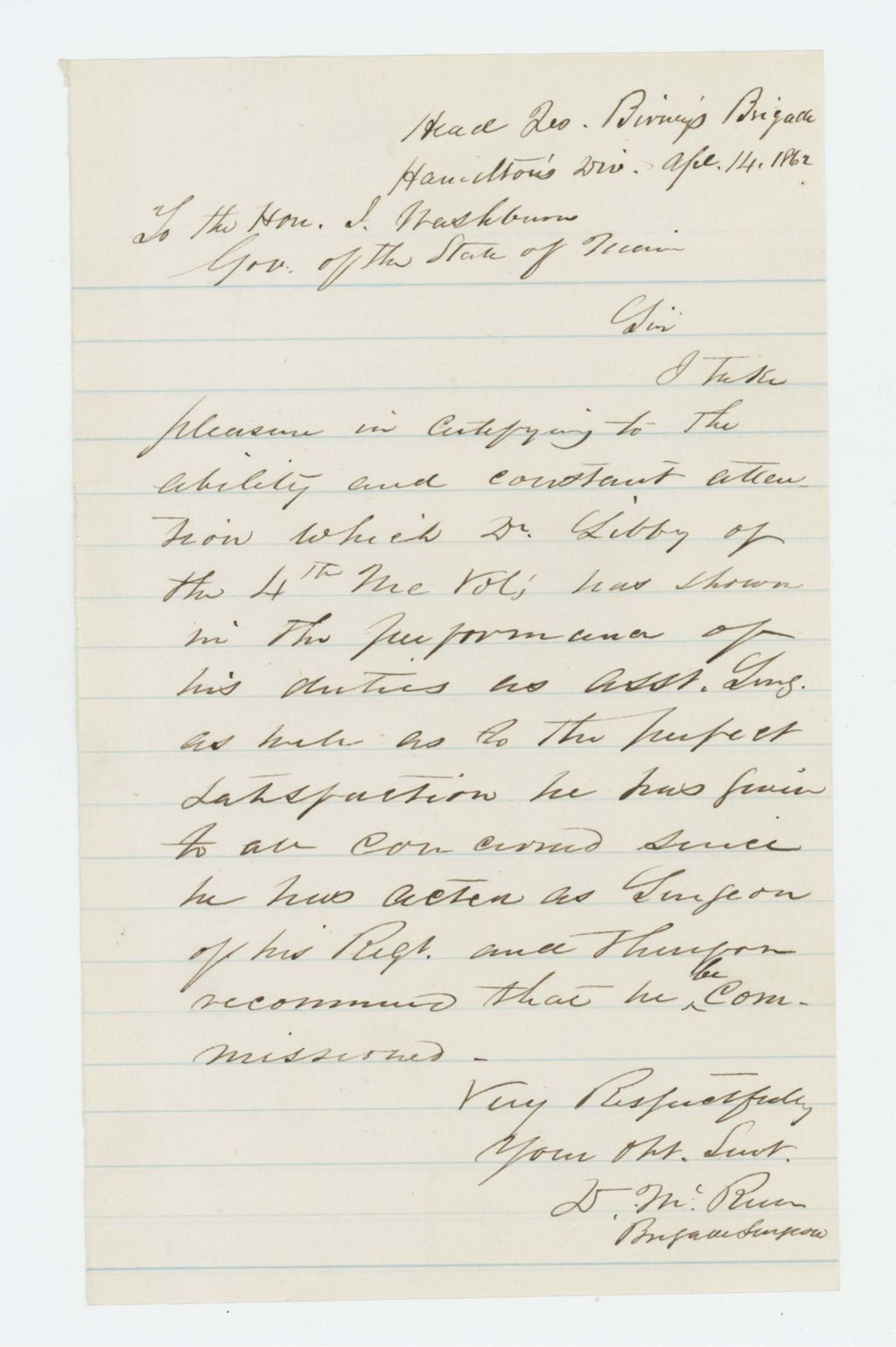 Miniature of Dr. Daniel McRuer, Brigade Surgeon, recommends commission for Assistant Surgeon Libby