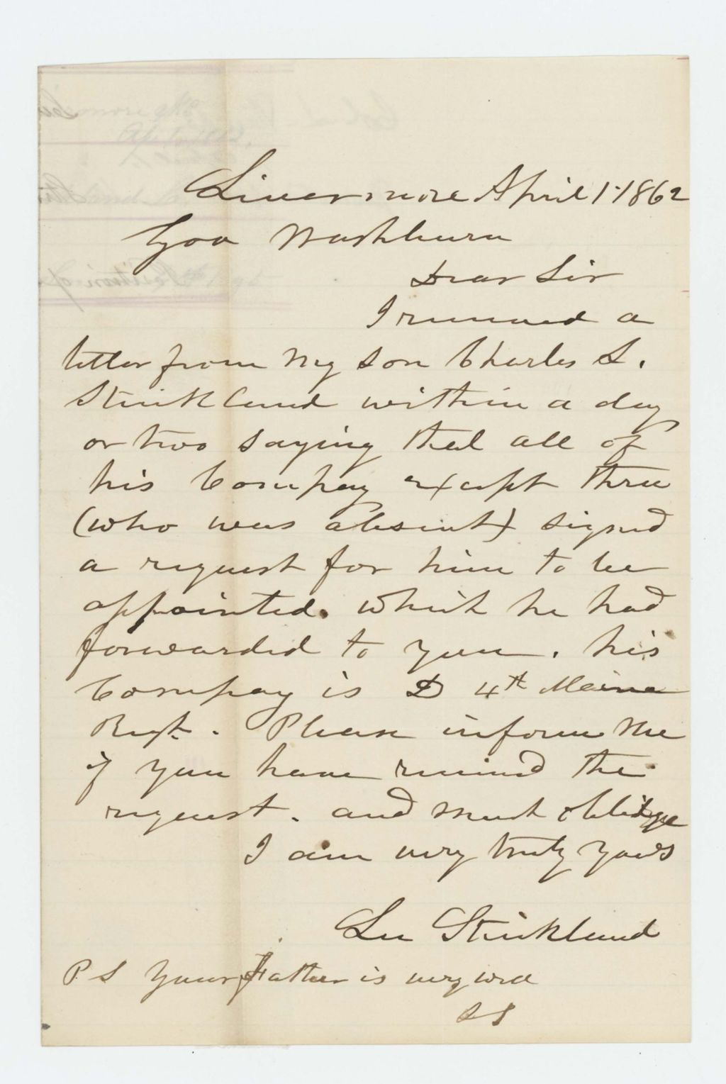 Miniature of Lee Strickland writes Governor Washburn regarding the petition for promotion of his son Charles