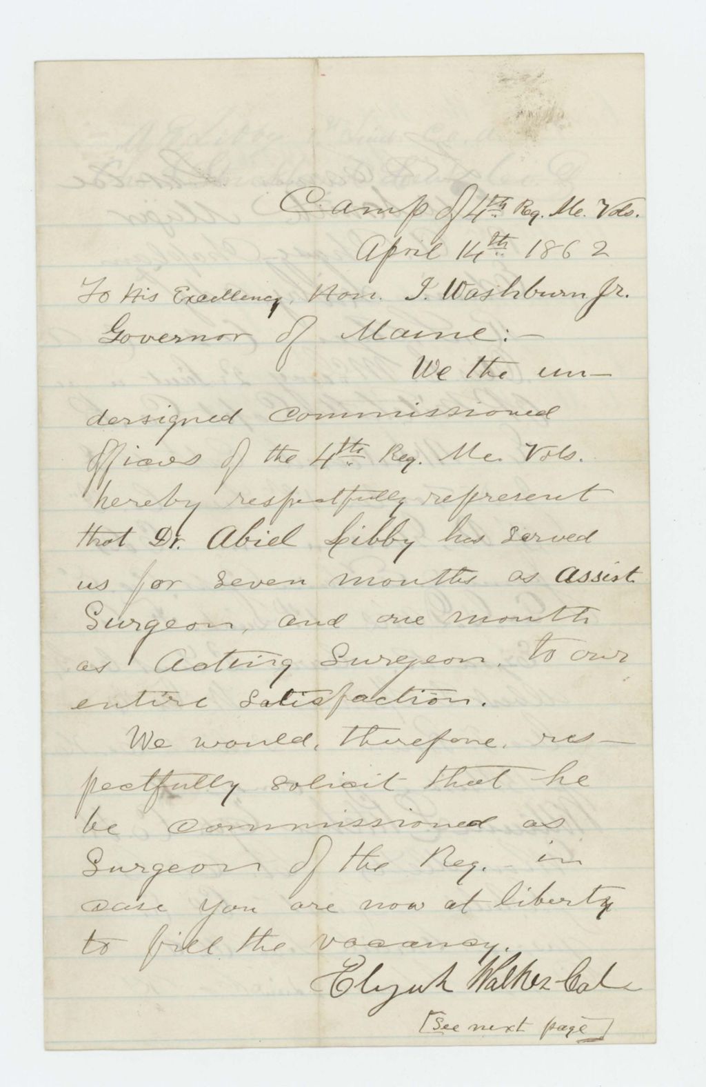 Miniature of Colonel Elijah Walker and other officers request commission as surgeon for Dr. Abial Libby