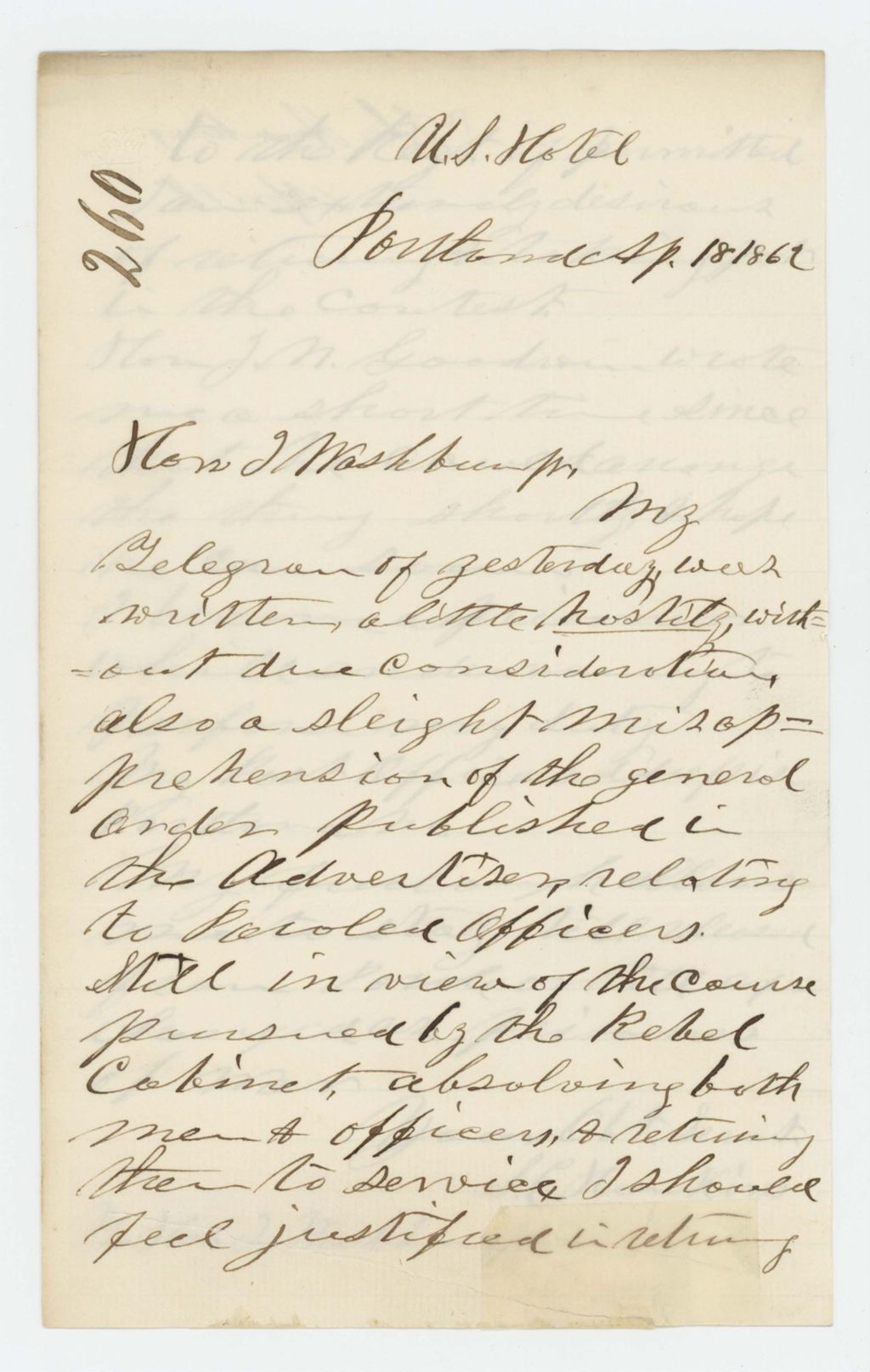 Miniature of Dr. S.C. Hunkins requests a return to the regiment having been released on parole