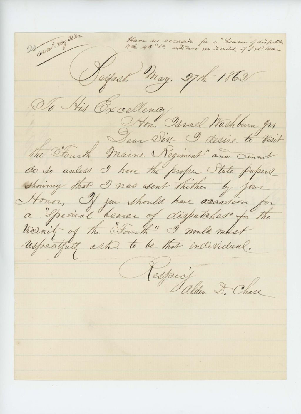 Miniature of Alden D. Chase wishes permission to visit the 4th Regiment