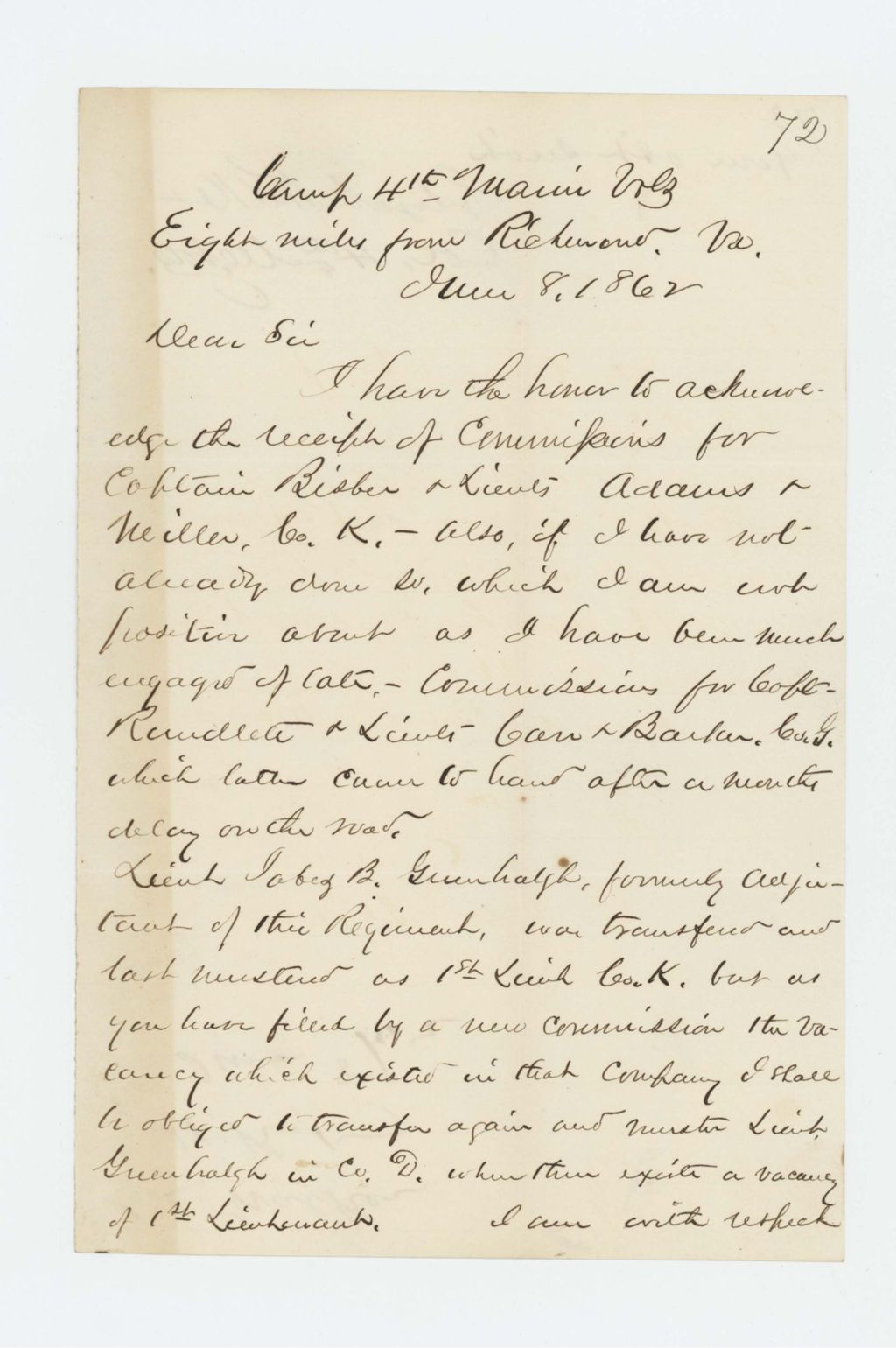 Miniature of Colonel Elijah Walker acknowledges receipt of commissions for Bisbee, Adams, Miller, and others
