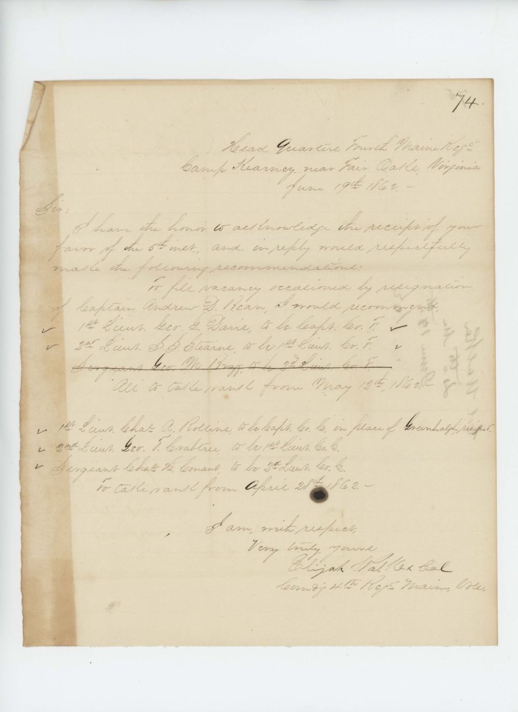 Miniature of Colonel Walker recommends promotions