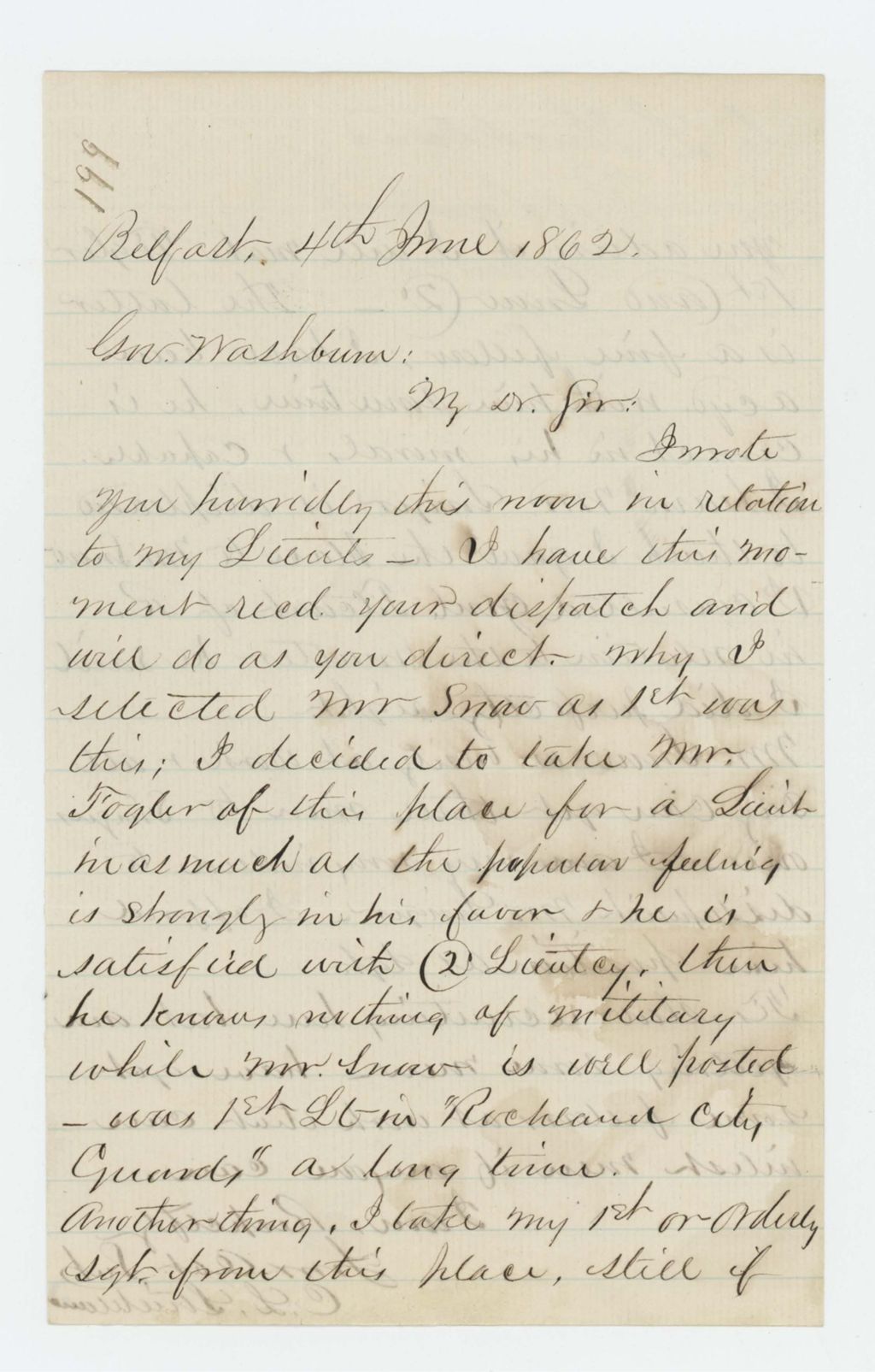 Miniature of Charles L. Strickland writes Governor Washburn regarding Lieutenants Snow and Fogler