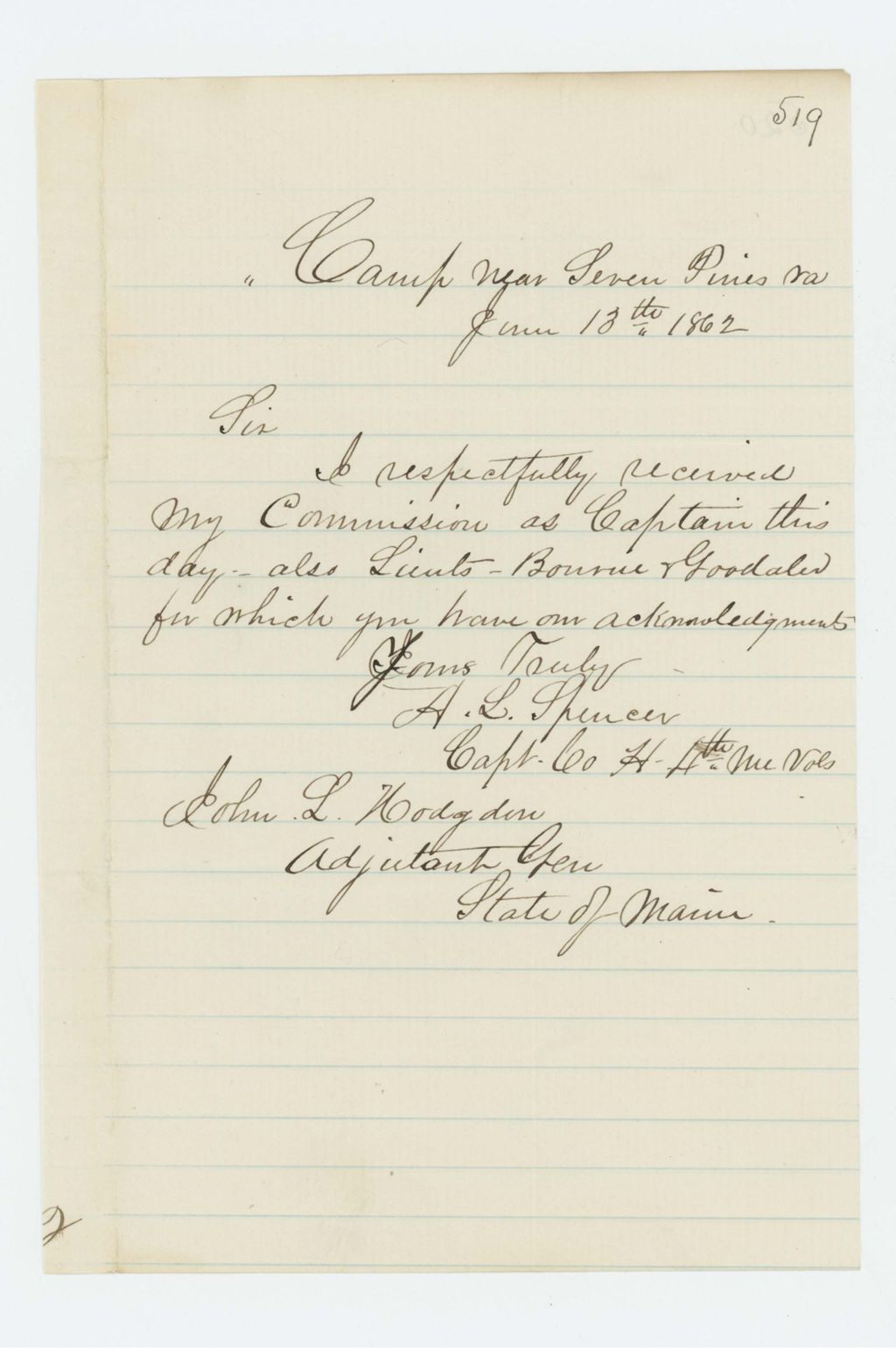 Miniature of Albert L. Spencer acknowledges his promotion to Captain, and promotions of Lieutenants Bourne and Goodale