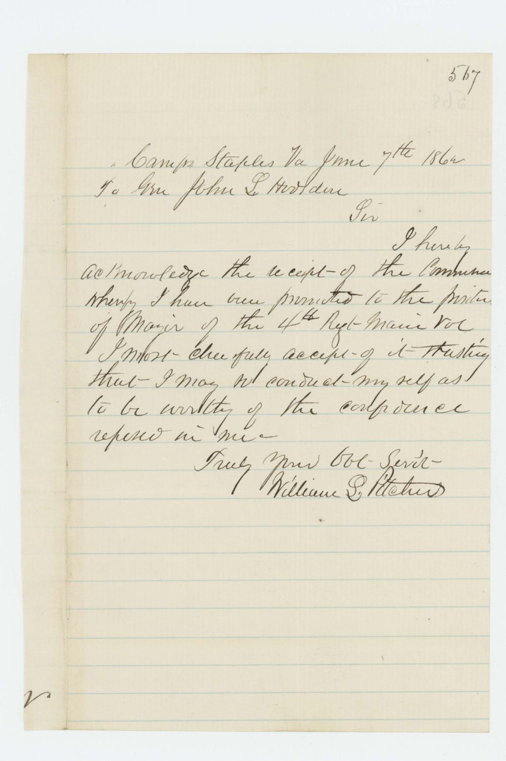 Miniature of William Pitcher accepts his promotion to Major