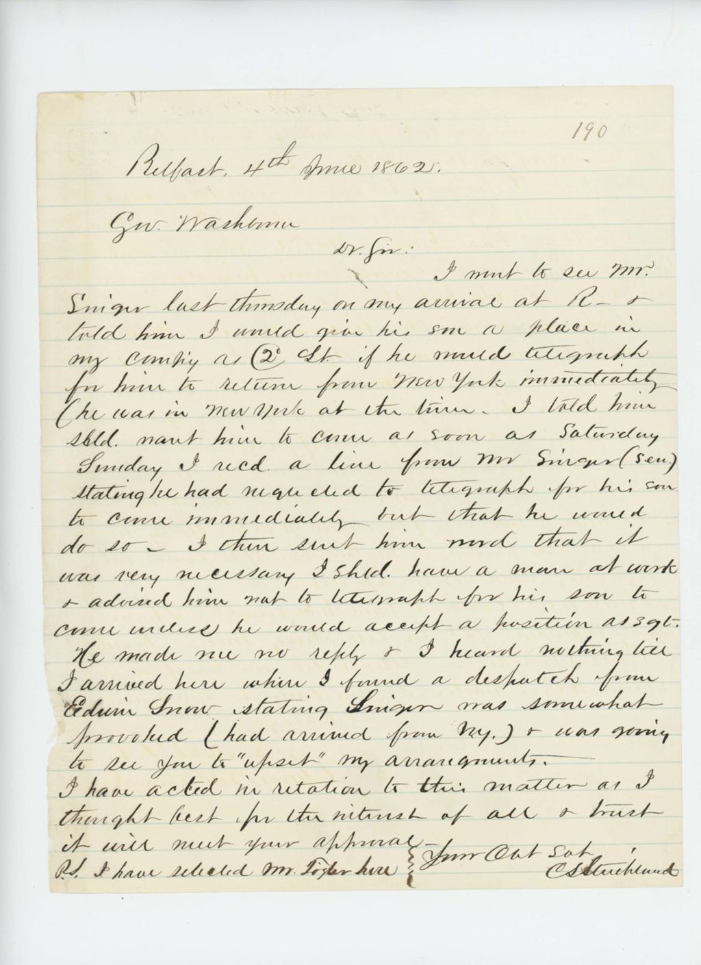 Miniature of Charles L. Strickland writes Governor Washburn regarding difficulty with Mr. Singer