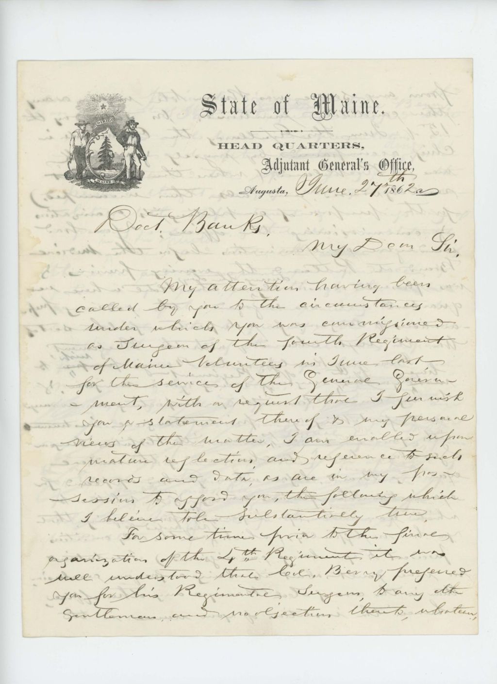 Miniature of Adjutant General Hodsdon writes to Dr. Banks regarding his failure of the medical board examination
