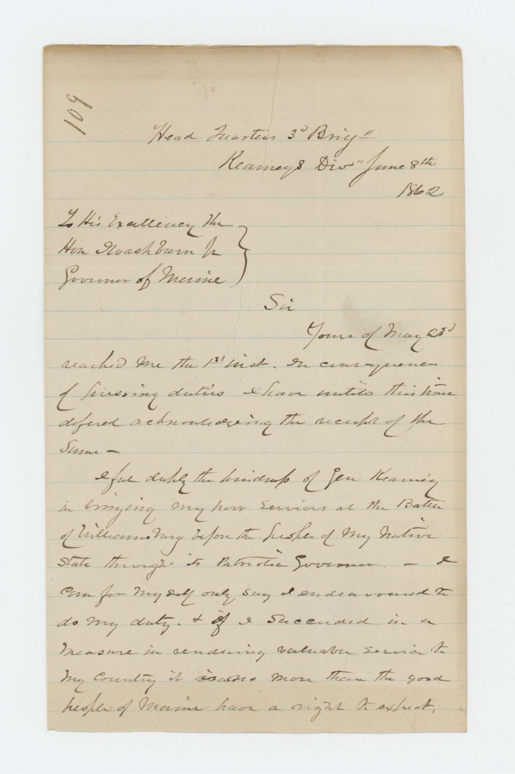 Miniature of General Berry writes Governor Washburn regarding the Battle of Williamsburg