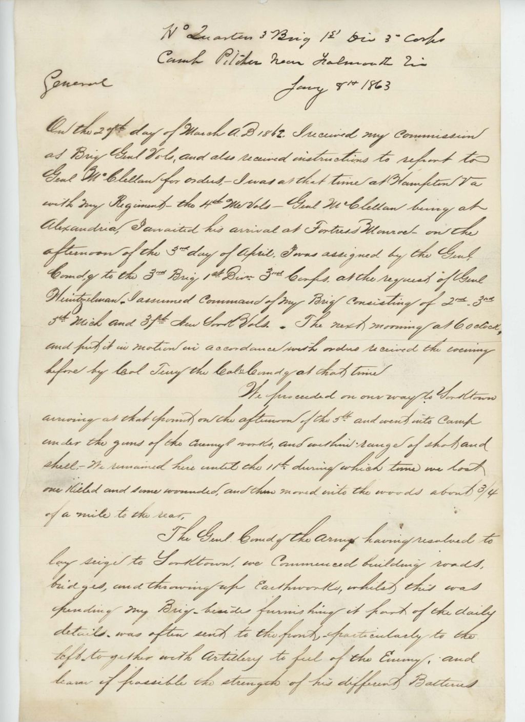 Miniature of Brigadier General Hiram Gregory Berry sends his 1862 report of the regiment's actions to Adjutant General Hodsdon
