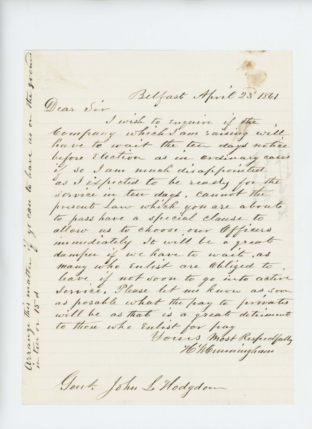 Miniature of Henry Cunningham inquires about pay and requests amendment of law to waive 10-day notice before election of officers