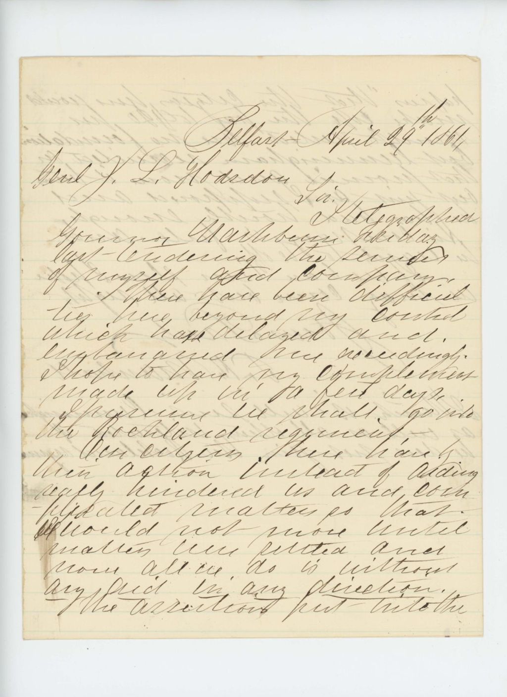 Miniature of Thomas H. Marshall writes Adjutant General Hodsdon about his offer of service