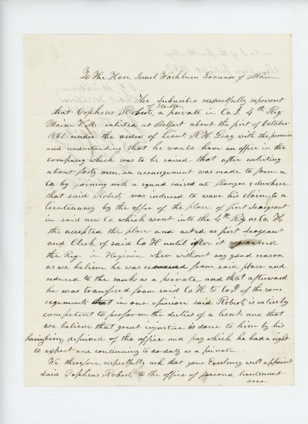 Miniature of N.G. Hichborn and others recommend Private Orpheus Roberts for promotion to lieutenant