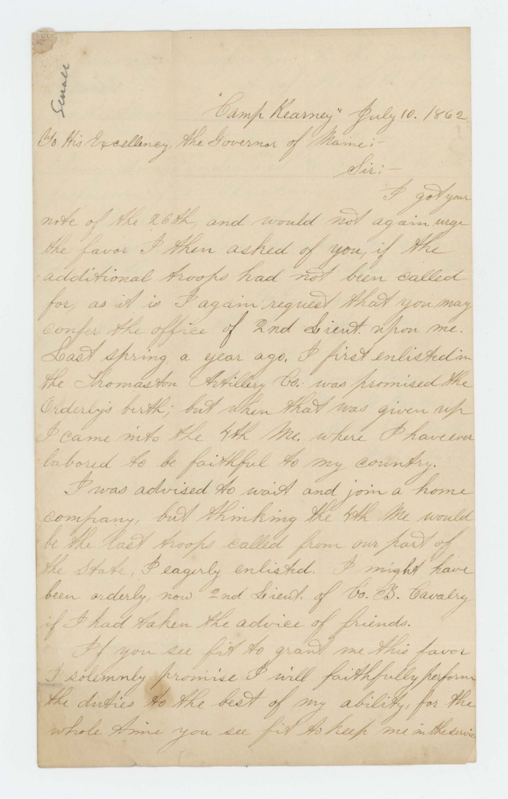 Miniature of William M. Harthorn again requests position as 2nd Lieutenant