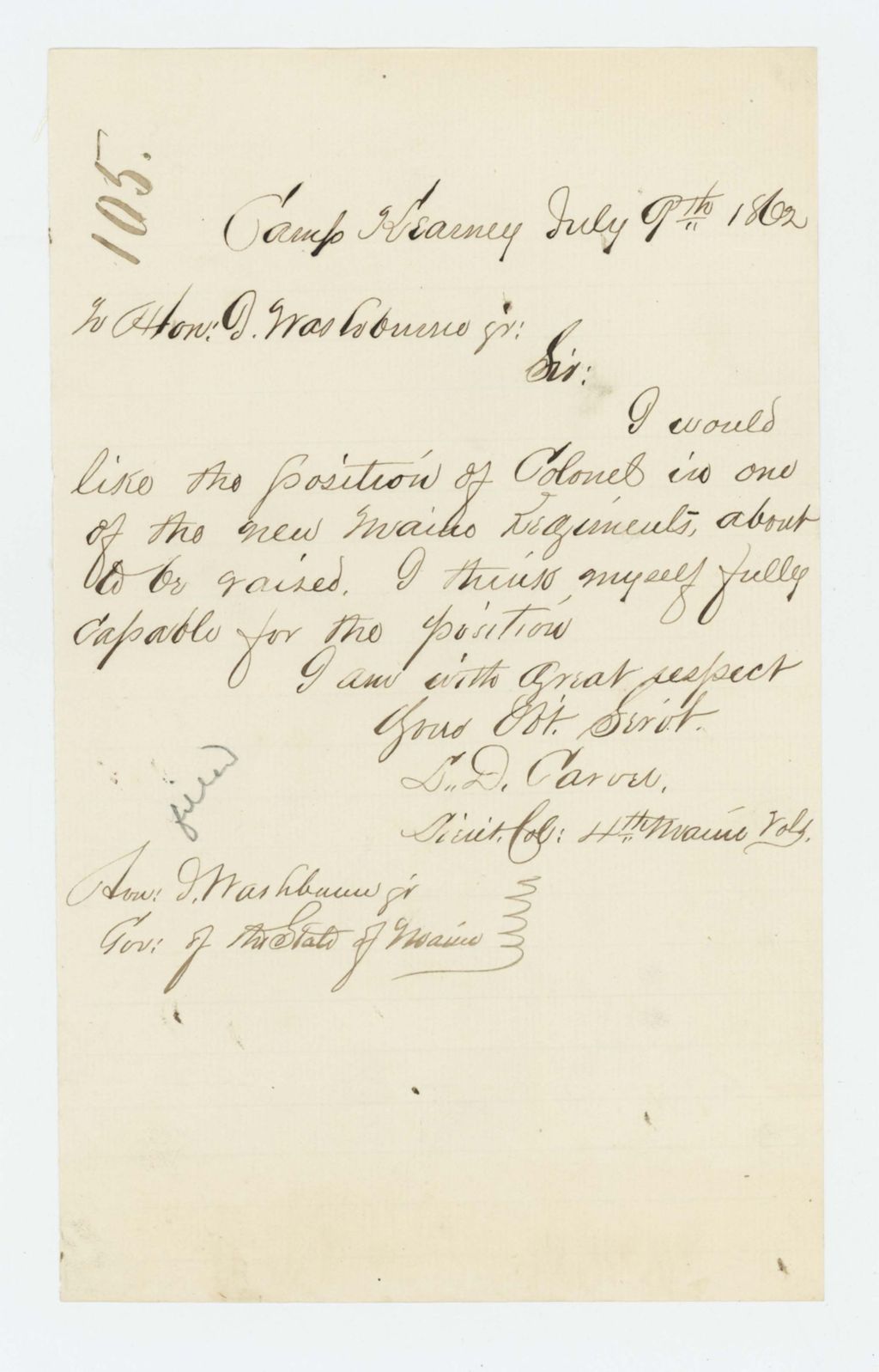 Miniature of L.D. Carver requests a position as Colonel in one of the new Maine regiments