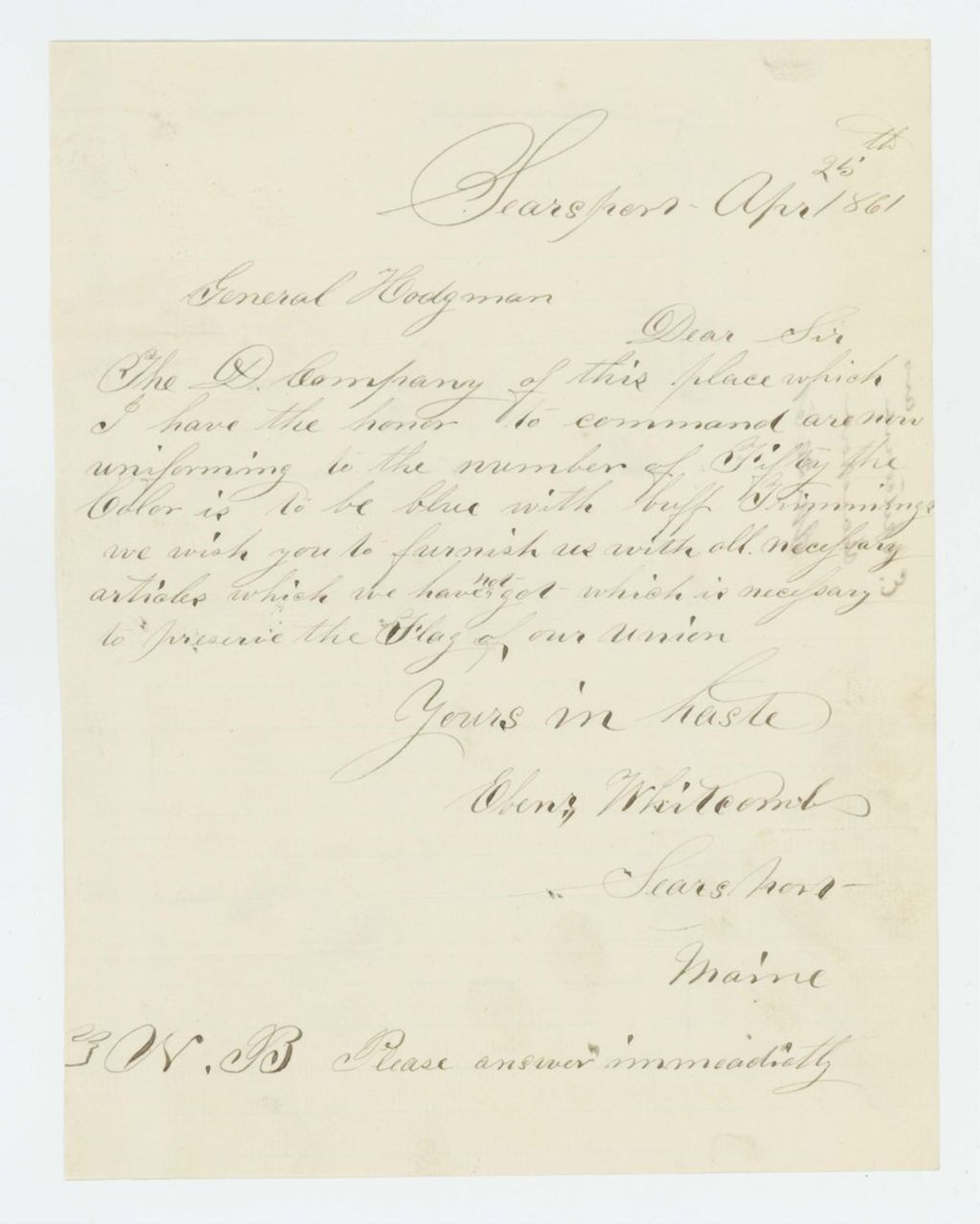 Miniature of Ebenezer Whitcomb requests uniforms and other supplies for Company D