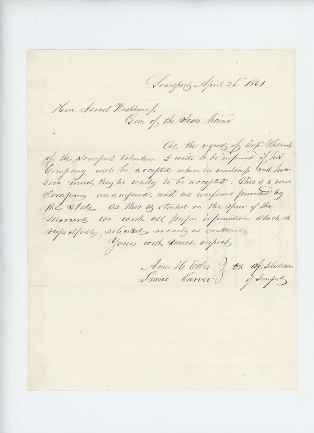 Miniature of Selectmen Amos Edes and Isaac Carver inquire if the Captain Whitcomb's Searsport Company will be accepted