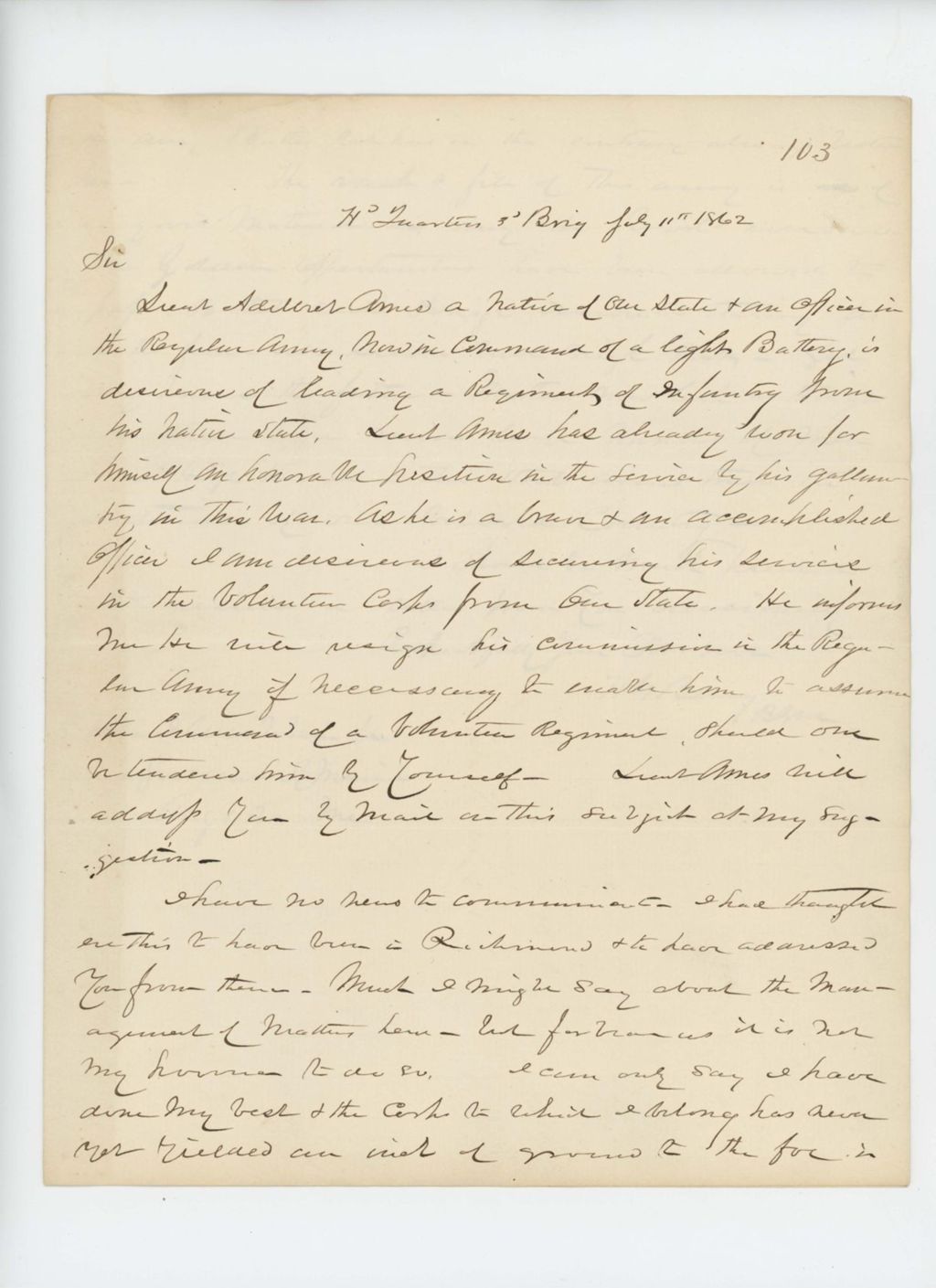 Miniature of General Berry requests a commission for Lieutenant Adelbert Ames as commander of a volunteer regiment