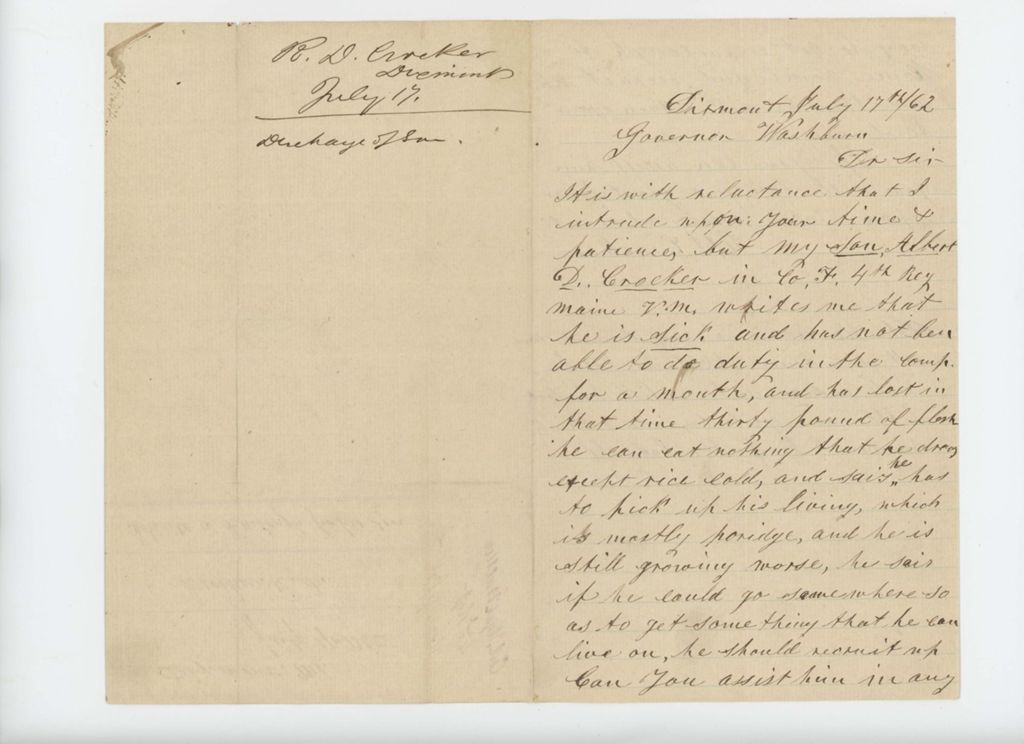 Miniature of R.D. Crocker requests a furlough for his son ailing Albert
