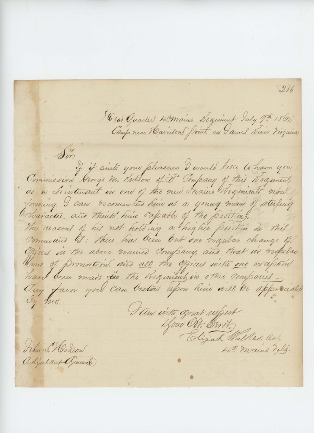 Miniature of Colonel Walker requests a lieutenant's commission for George M. Redlow of Company B
