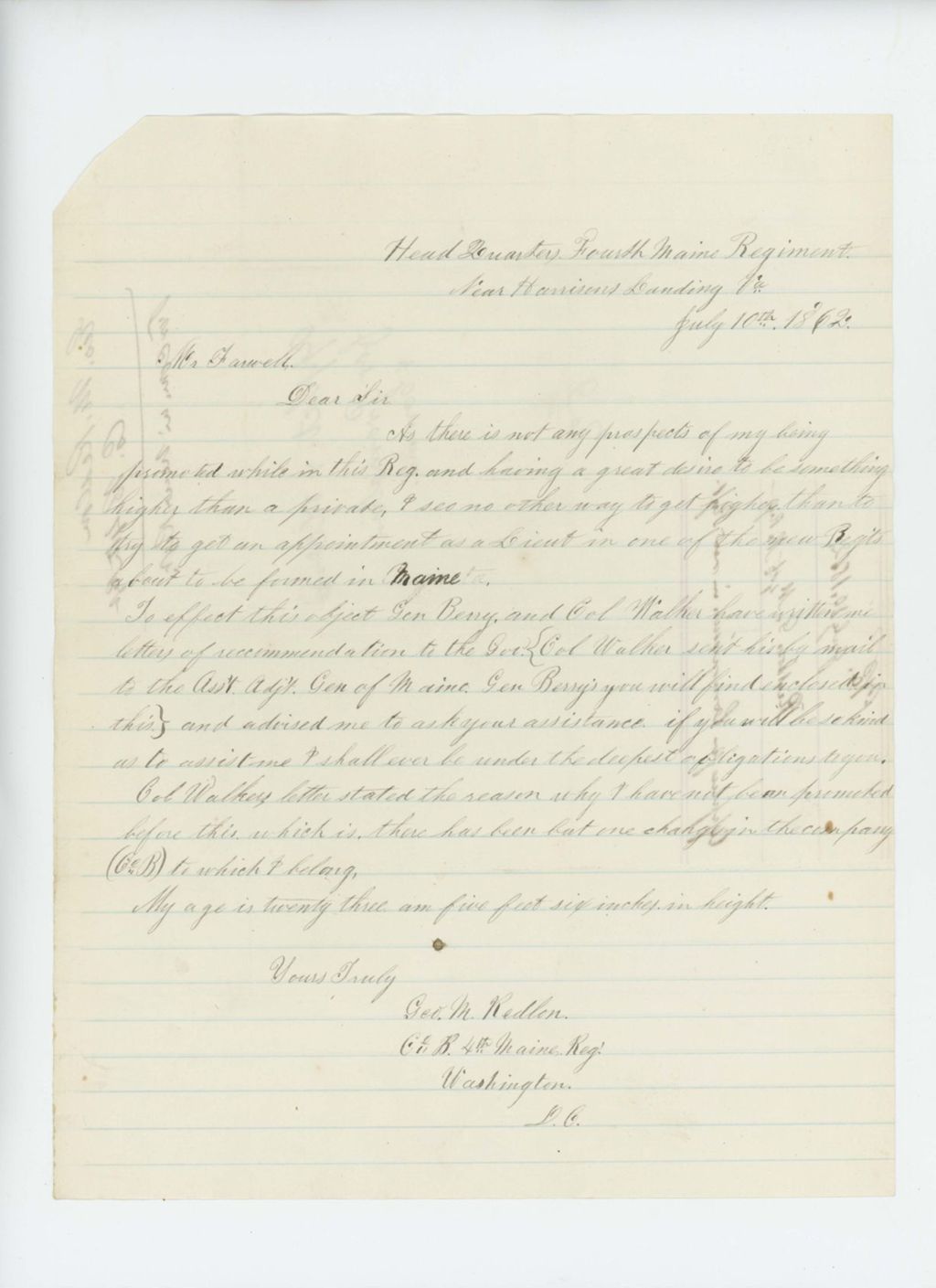 Miniature of George M. Redlon applies for a commission in a new regiment