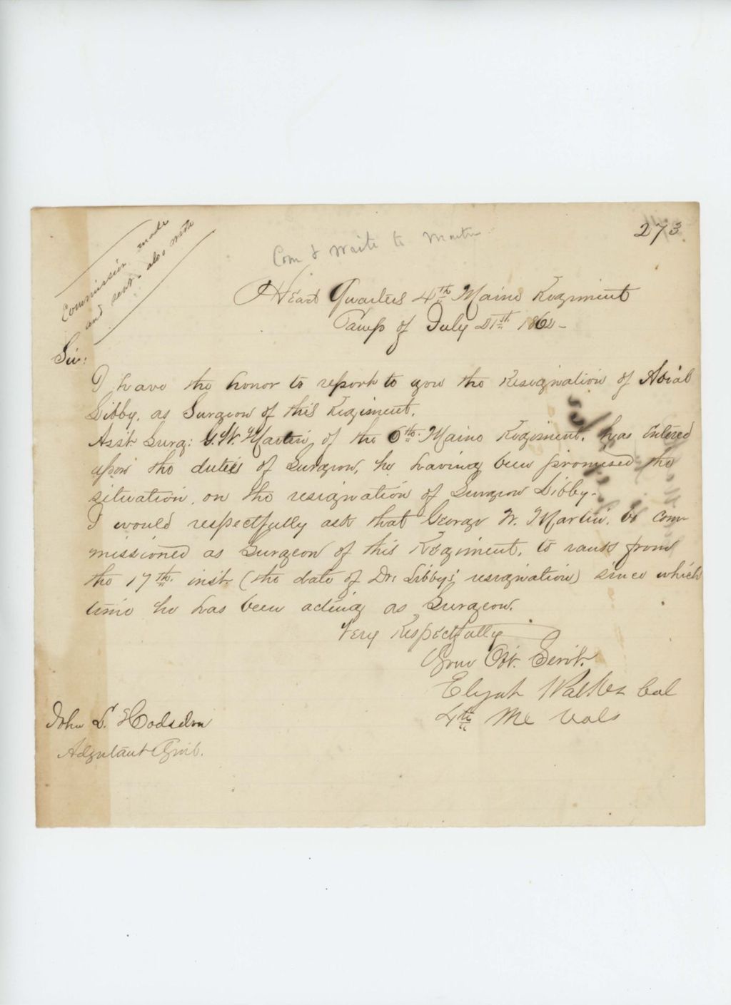 Miniature of Colonel Elijah Walker reports the resignation of Surgeon Abial Libby