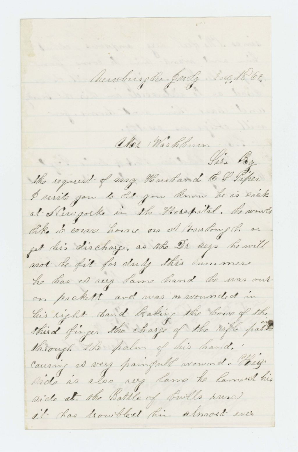 Miniature of Mrs. E. Piper requests a furlough for her husband who is ill
