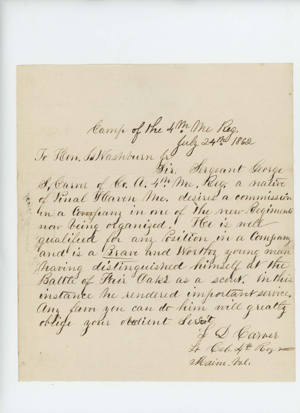 Miniature of L.D. Carver requests a commission for Sergeant George S. Carver of Company A