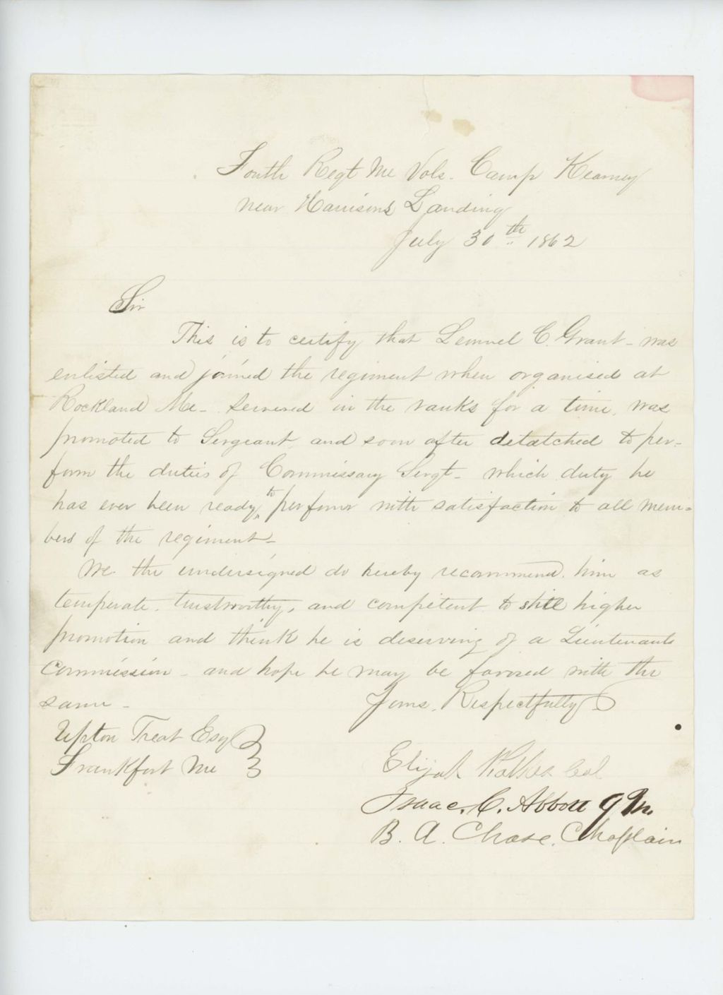 Miniature of Colonel Walker, Isaac C. Abbott, and B.A. Chase recommend Lemuel Grant for promotion to lieutenant