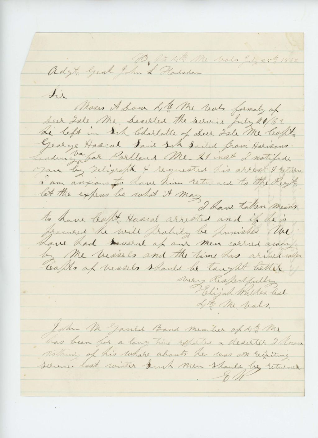 Miniature of Colonel Elijah Walker writes regarding deserters