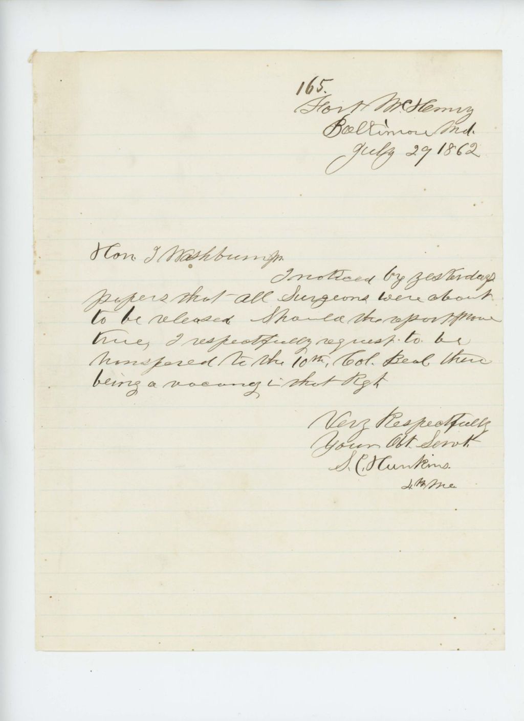 Miniature of S.C. Hunkins requests a transfer to the 10th Maine Regiment