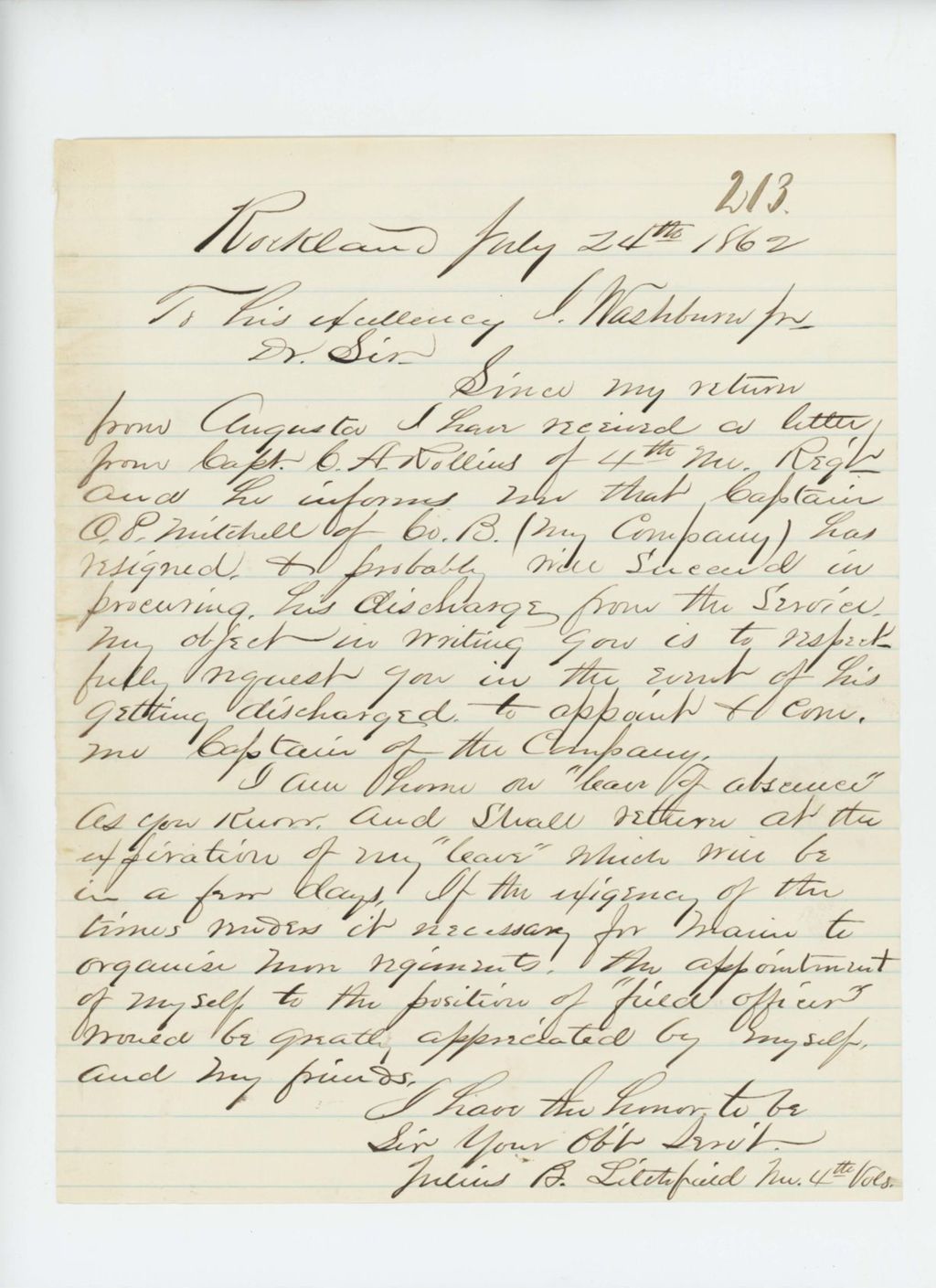 Miniature of Julius B. Litchfield requests promotion to Captain