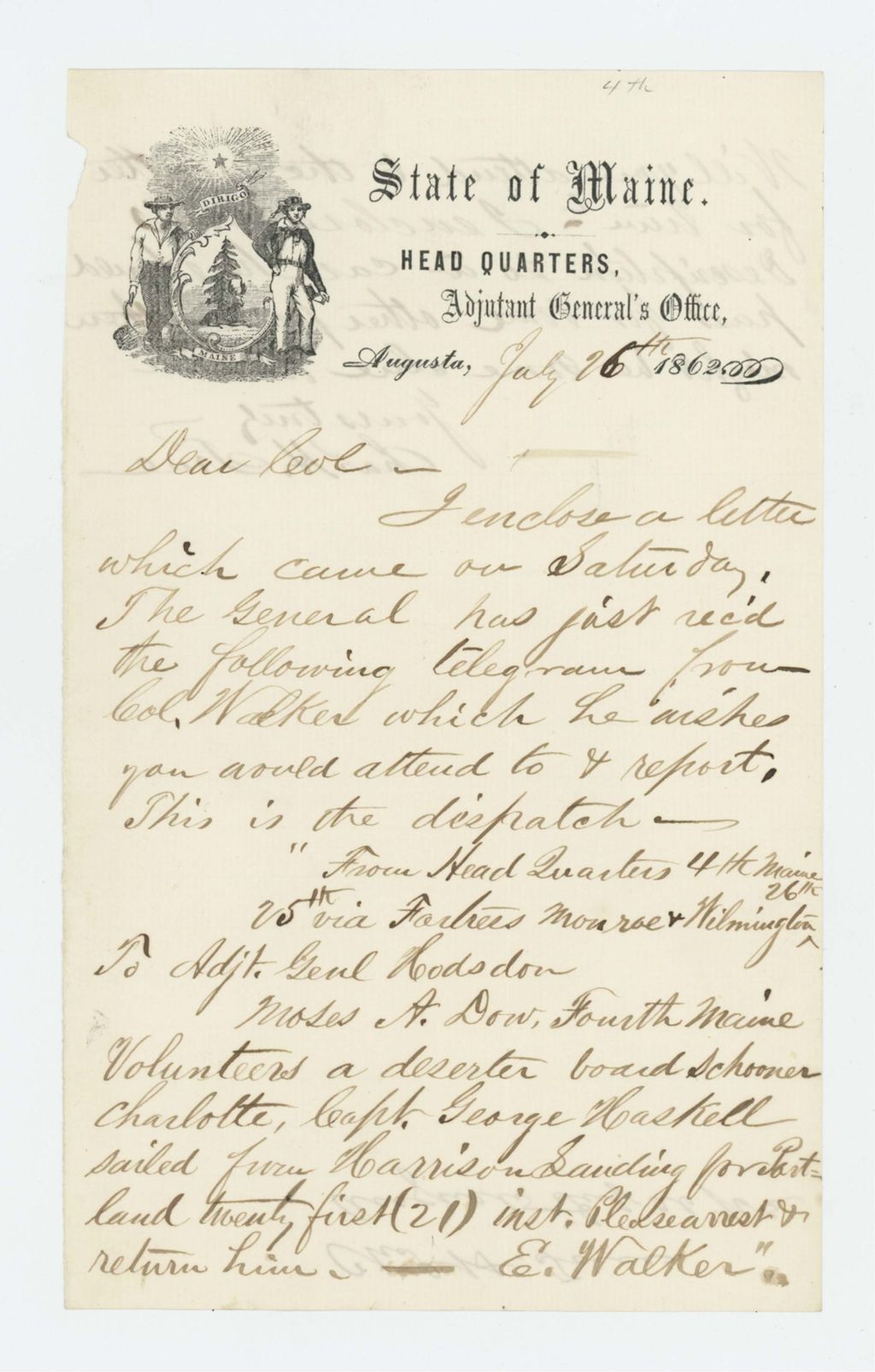 Miniature of Colonel Elijah Walker and Charles True request arrest of deserter Moses A. Dow