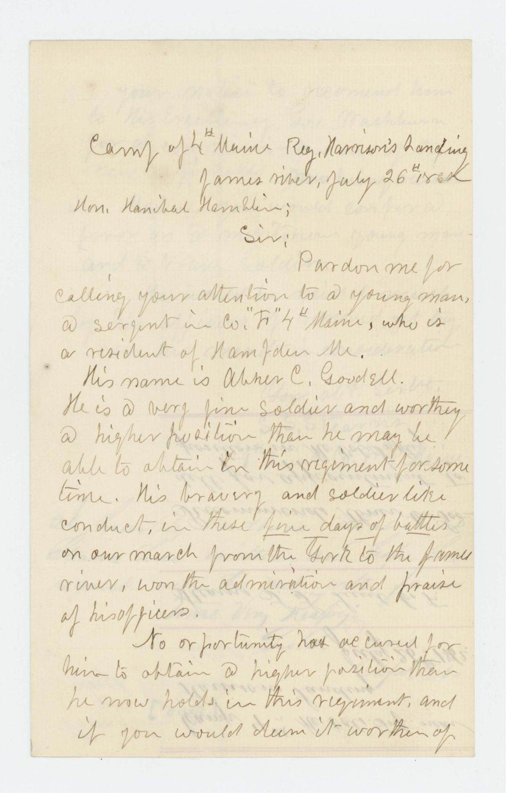 Miniature of Lieutenant Solomon Stearns recommends Abner C. Goodell for promotion